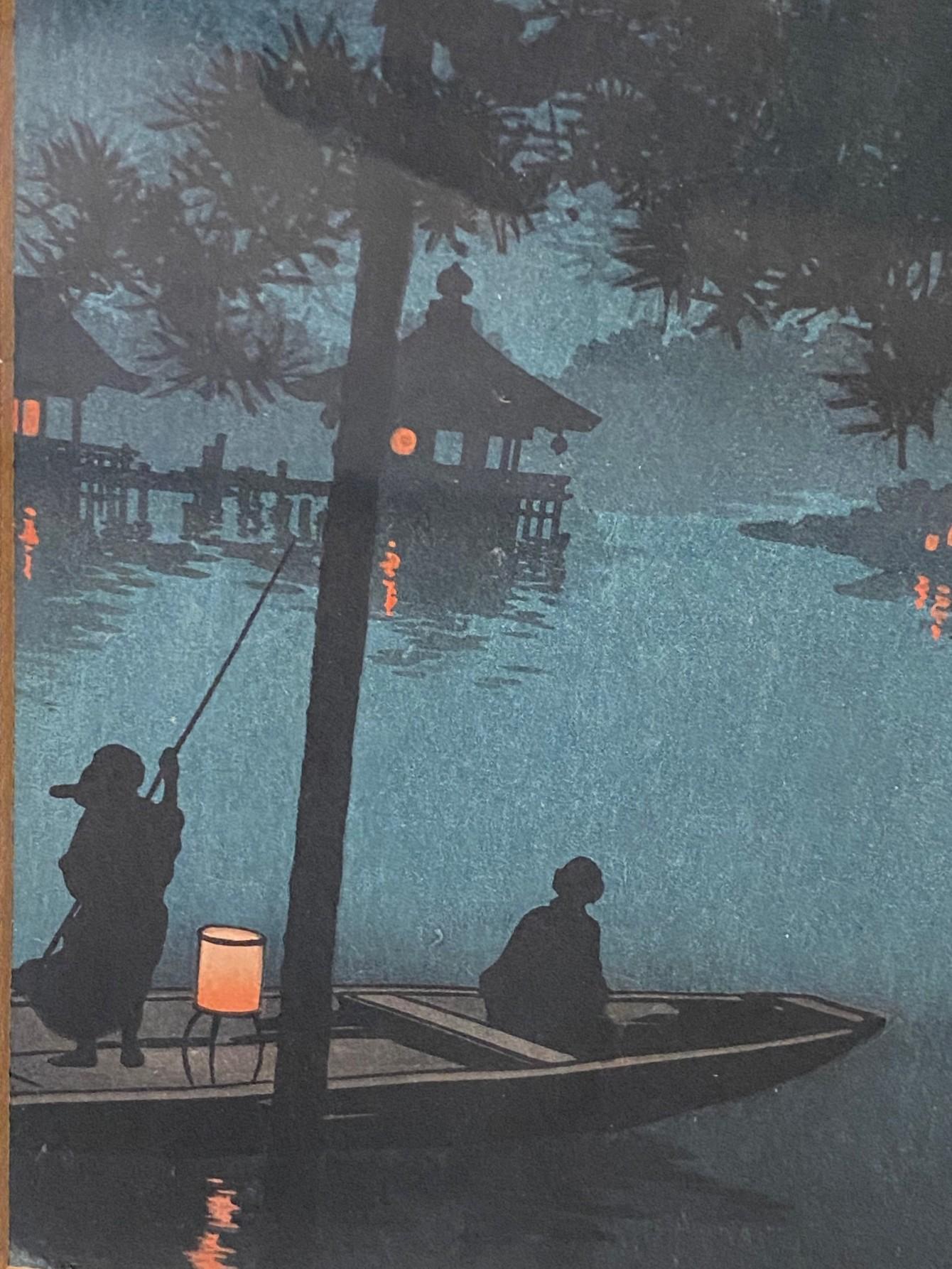 Koho Shoda firmato Stampa su blocco di legno giapponese dei primi anni Showa Notte stellata sul lago Biwa in vendita 1