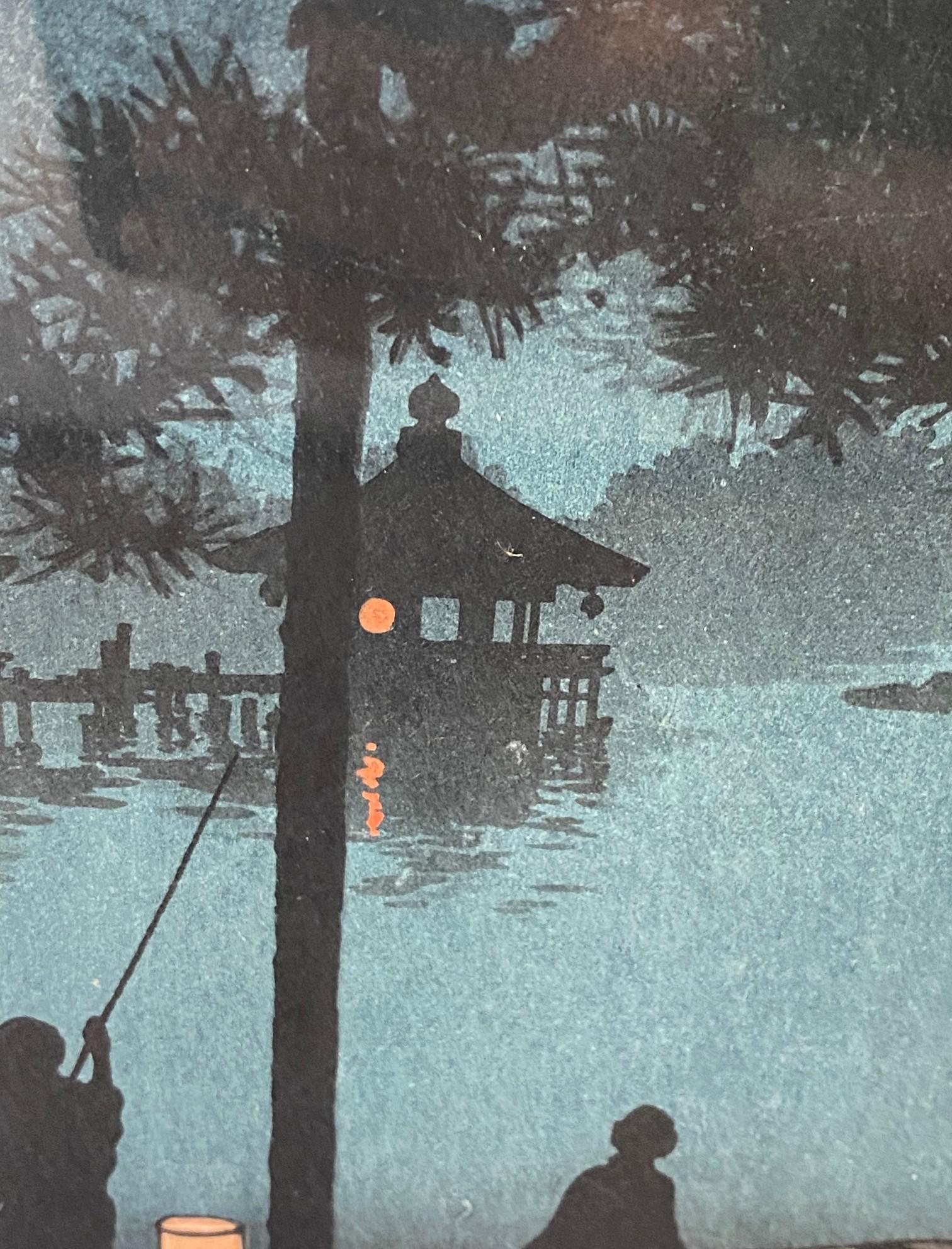Koho Shoda firmato Stampa su blocco di legno giapponese dei primi anni Showa Notte stellata sul lago Biwa in vendita 2