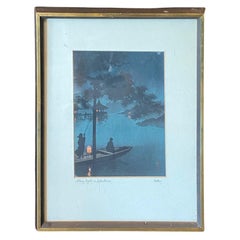 Koho Shoda Signed Japanese Early Showa Woodblock Print Starry Night On Lake Biwa