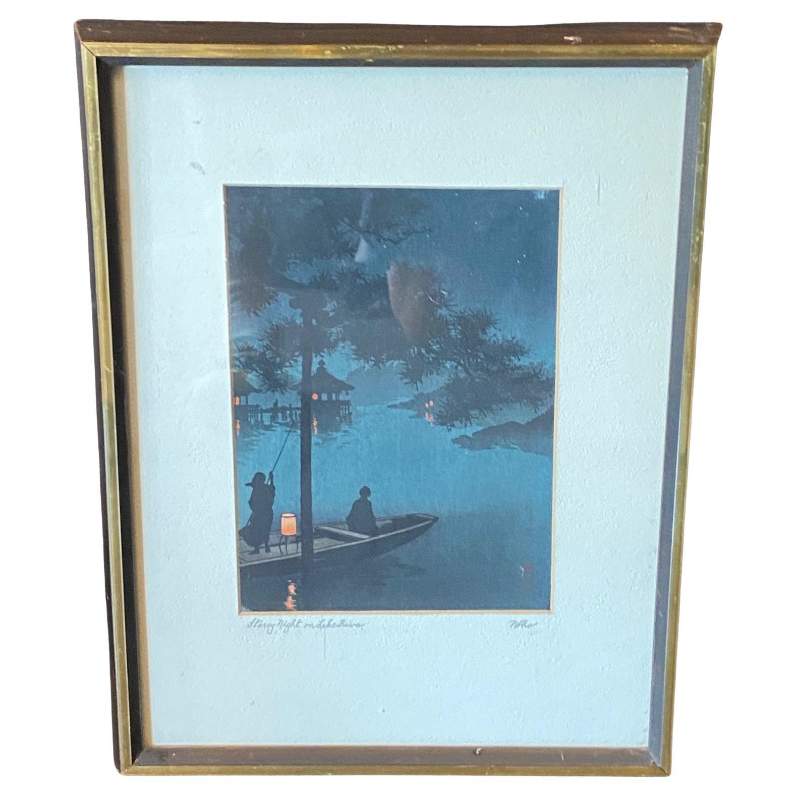 Koho Shoda Signed Japanese Early Showa Woodblock Print Starry Night On Lake Biwa
