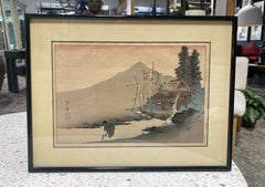 Koho Shoda Signed Japanese Meiji Woodblock Print A Watermill Affixed to a Shed