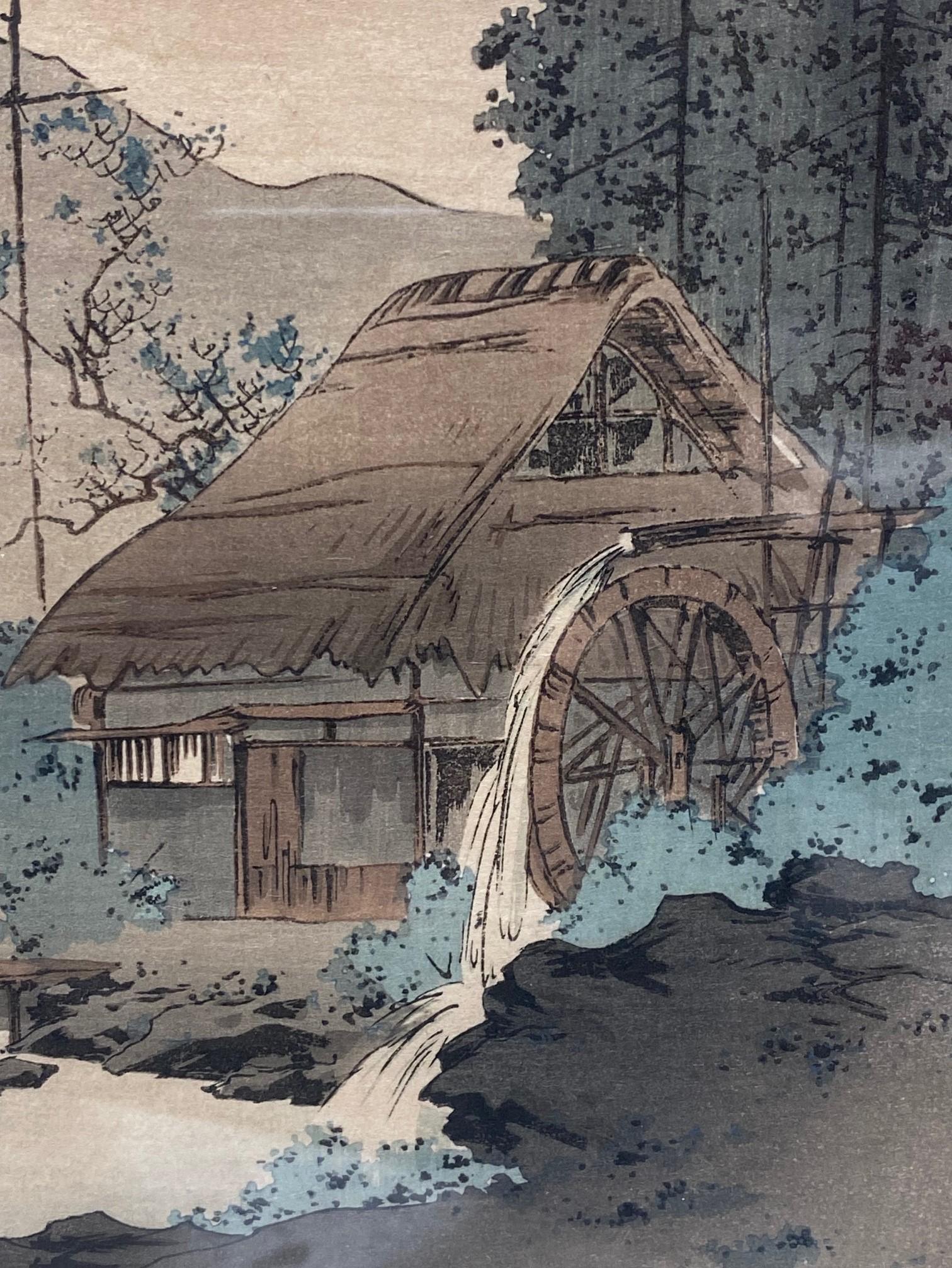 Papier Koho Shoda Gravure sur bois japonaise Meiji signée Un moulin à eau fixé à une cabane en vente