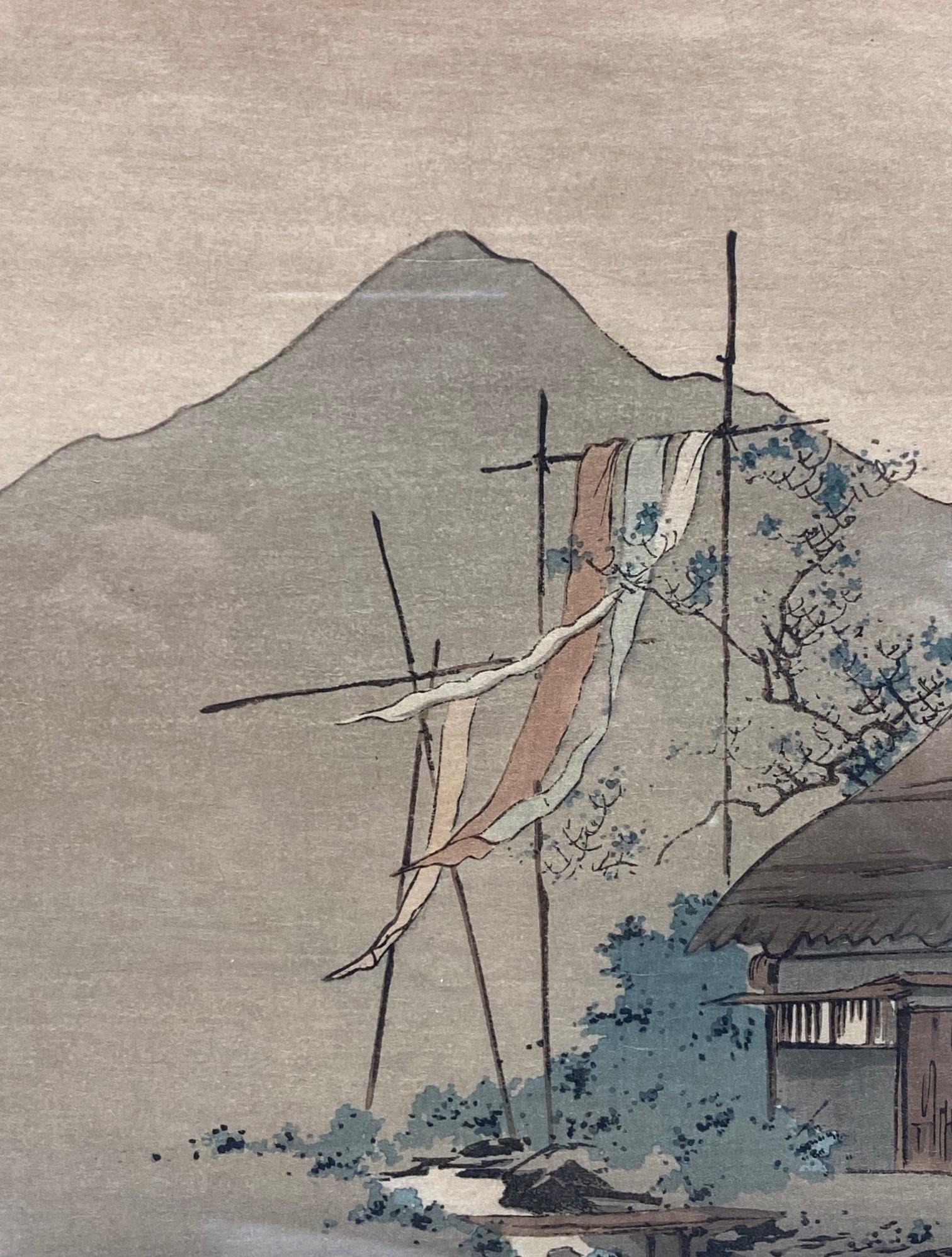 Koho Shoda Gravure sur bois japonaise Meiji signée Un moulin à eau fixé à une cabane en vente 1