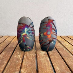 Koi 2 Pack Raku Pottery Vase - Carbon Copper - Handmade Ceramic Home Decor