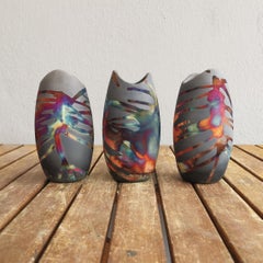 Koi 3 Pack Raku Pottery Vase - Carbon Copper - Handmade Ceramic Home Decor