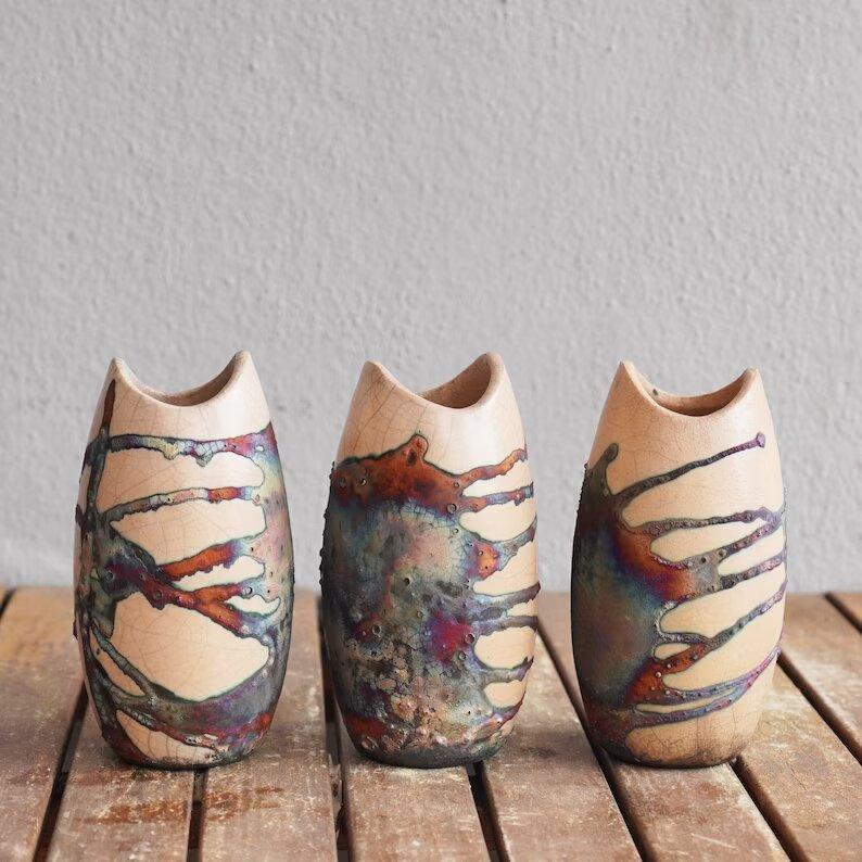 Raku-Keramikvase, 3er-pack, halber Kupfer, matt, handgefertigt (Moderne) im Angebot