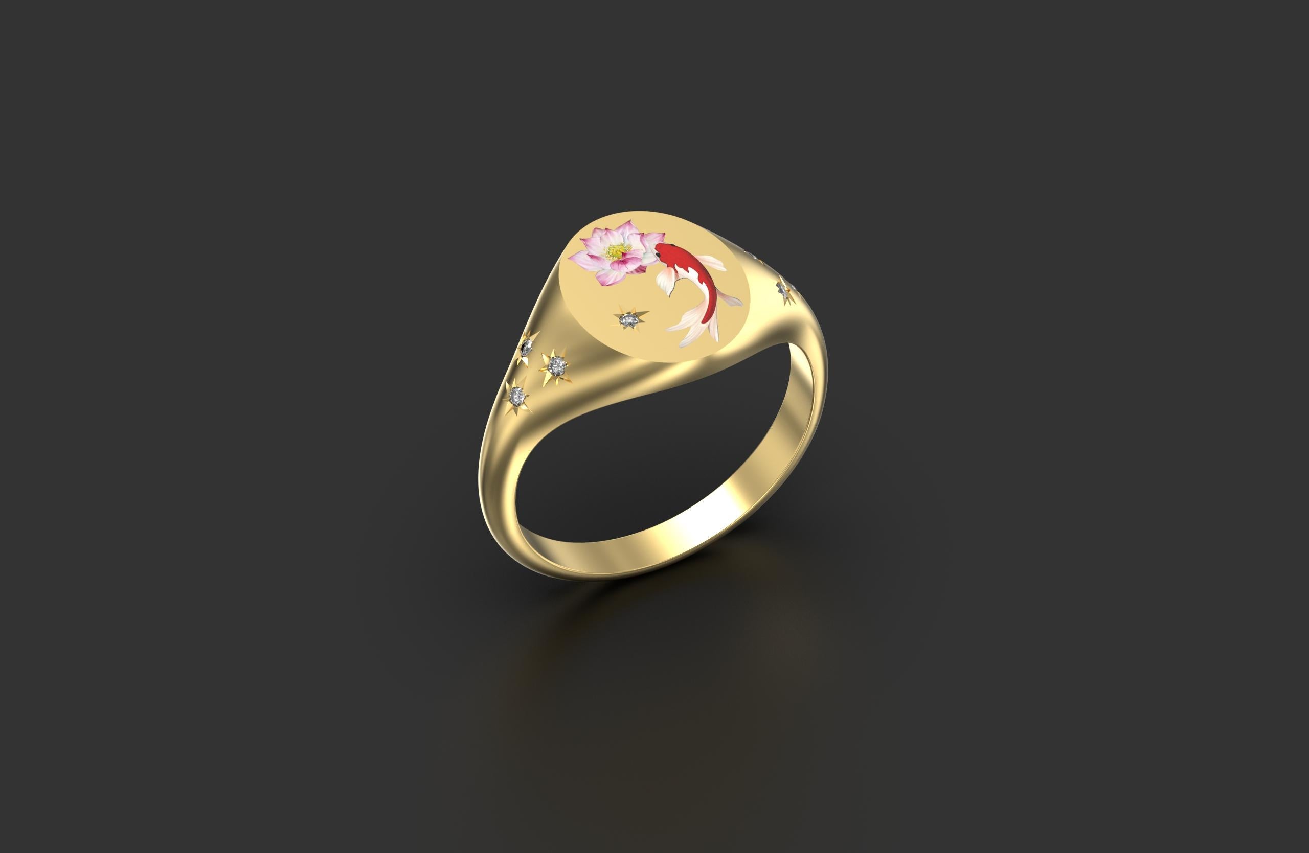 Koi is regarded as the 'luck messenger' in Asian culture, lotus flower is seen as sacred for purity and rebirth and strength.

 

Oval ring face: 9x11mm, band width: 2.5mm

 

Enamel hand-painted, complimented by seven star set diamonds. 18kt yellow
