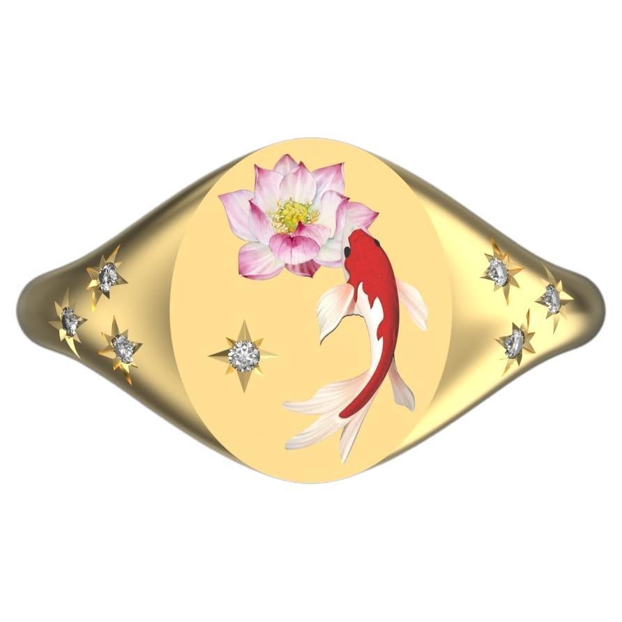 Koi- und Lotus-Blumenring, 18 Karat Gelbgold mit Diamanten