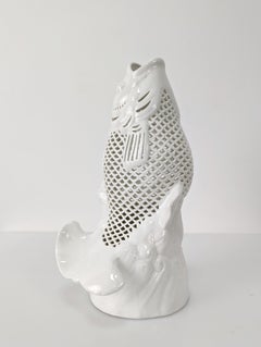 Koi Carp Fish Sculpture in Chinese Reticulated Porcelain 1970s