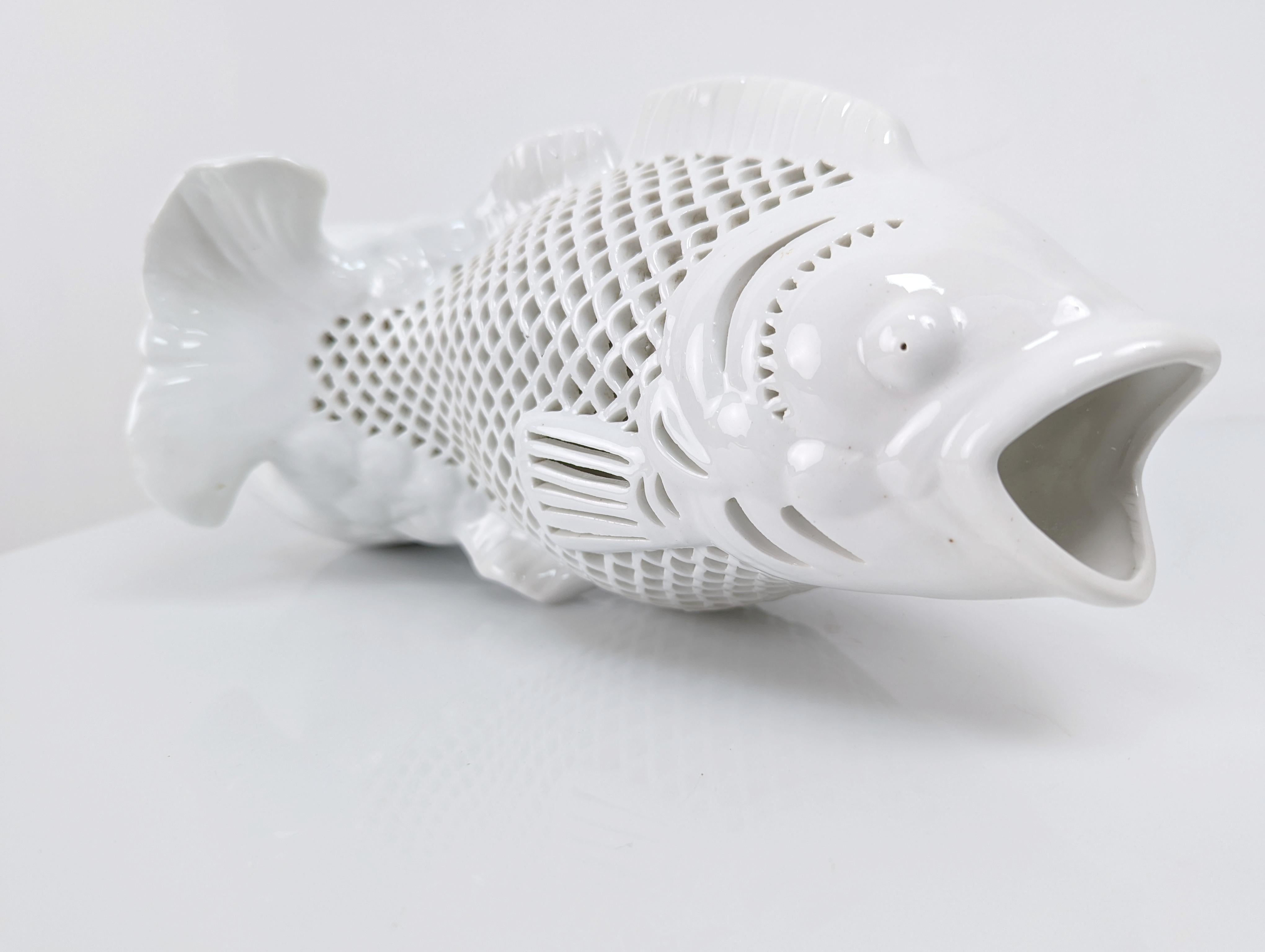 Late 20th Century Koi Carp Fish Sculpture in Chinese Reticulated Porcelain 1970s For Sale