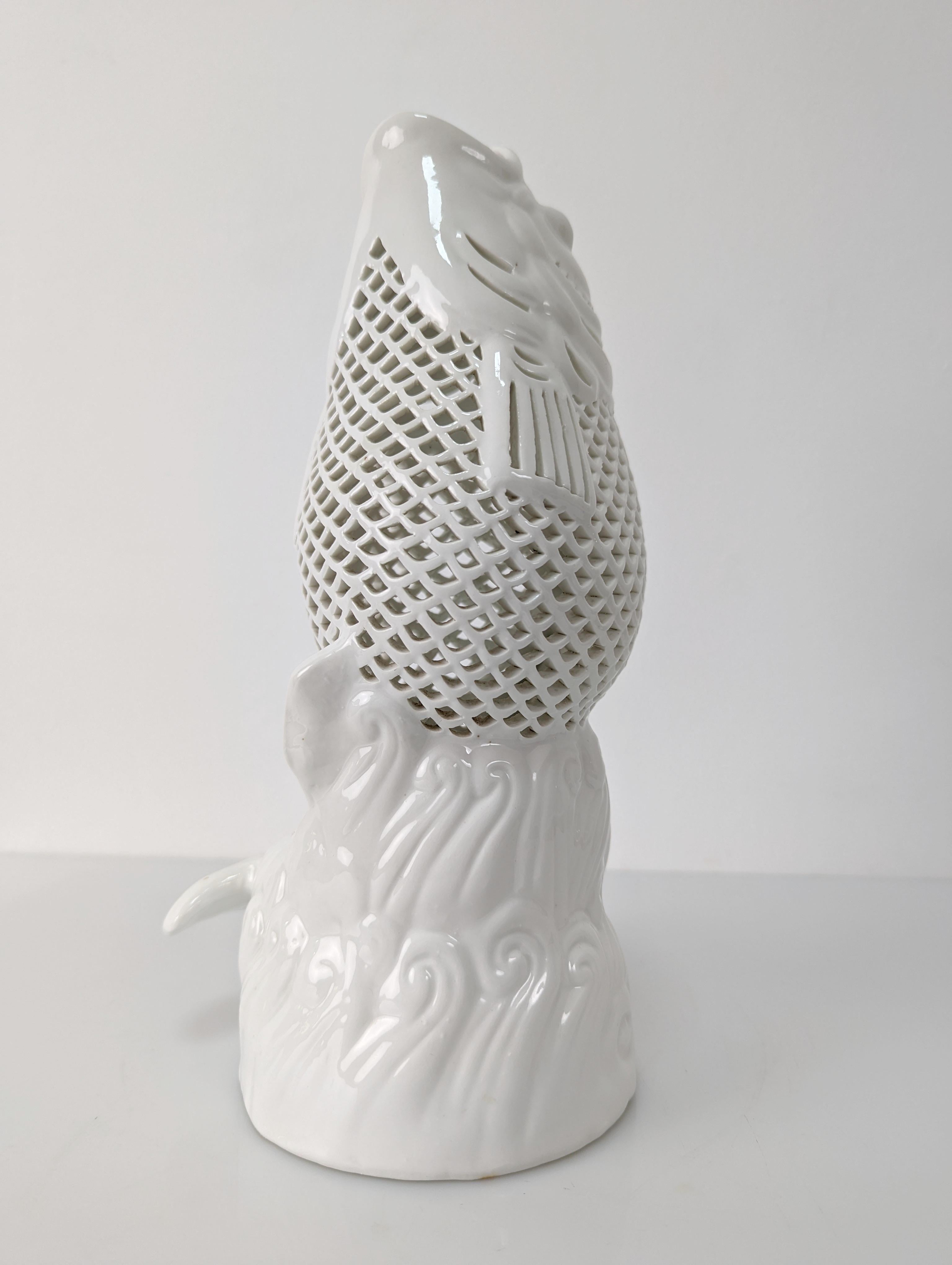 Koi Carp Fish Sculpture in Chinese Reticulated Porcelain 1970s For Sale 3