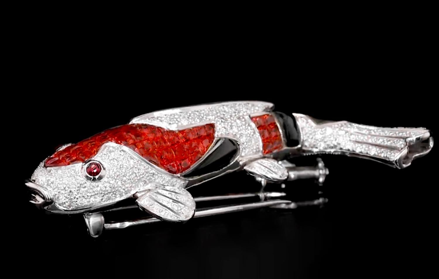 Round Cut Koi Fish Brooch Sapphires Rubies Diamonds 3.99 Carats 18K White Gold For Sale