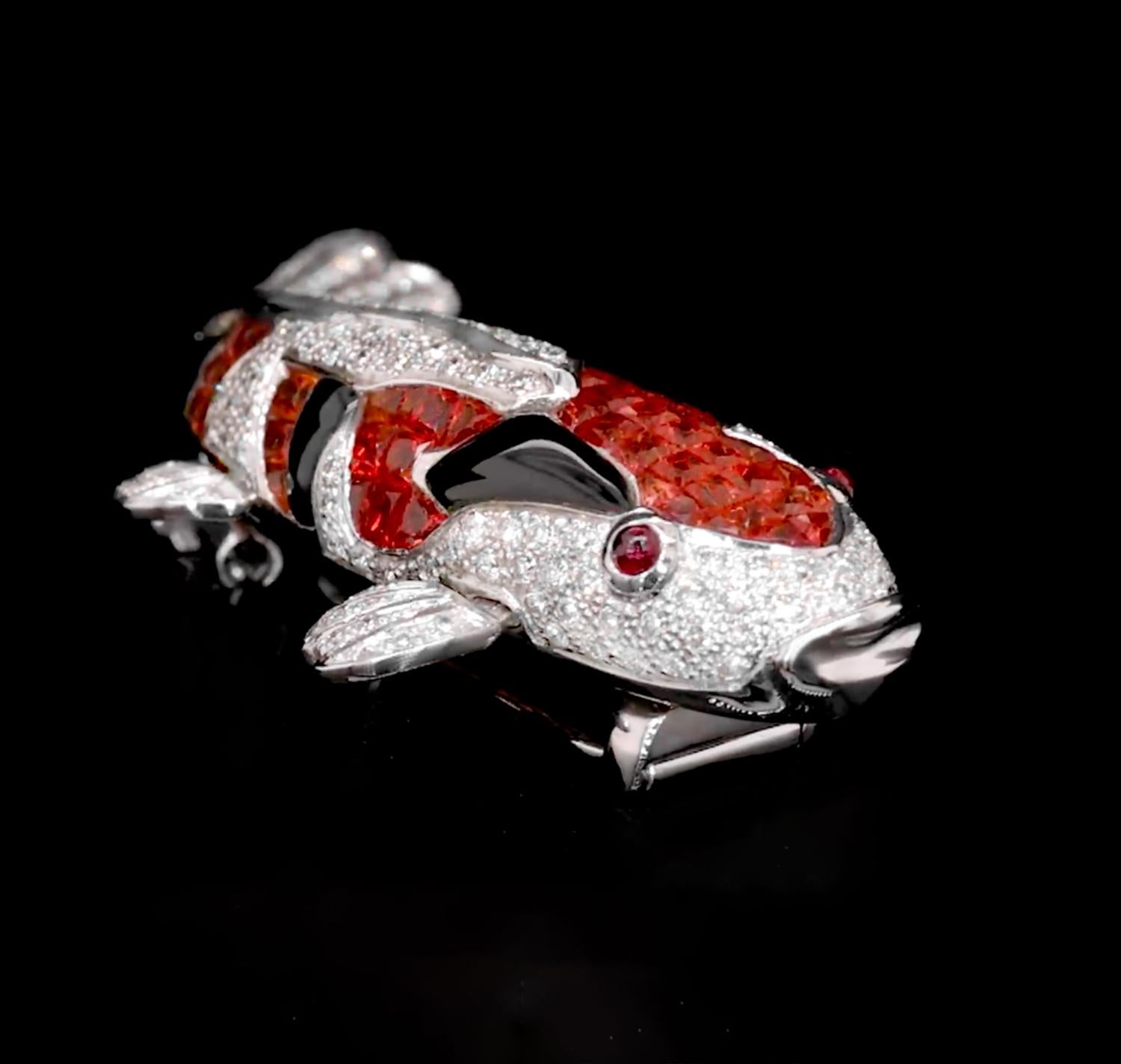 Koi Fish Brooch Sapphires Rubies Diamonds 3.99 Carats 18K White Gold In Excellent Condition For Sale In Laguna Niguel, CA