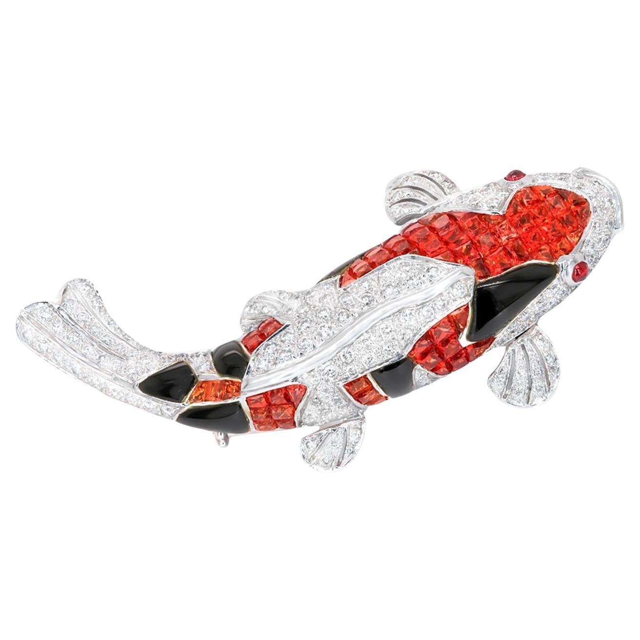 Koi Fish Brooch Sapphires Rubies Diamonds 3.99 Carats 18K White Gold For Sale