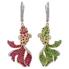 Orecchini Koi Fish Diamond Pave Ruby Green Garnet in oro giallo e bianco 18 carati