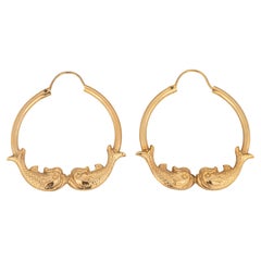 Koi Fish Earrings 1.25" Vintage 14k Yellow Gold Hoops Estate Fine Jewelry