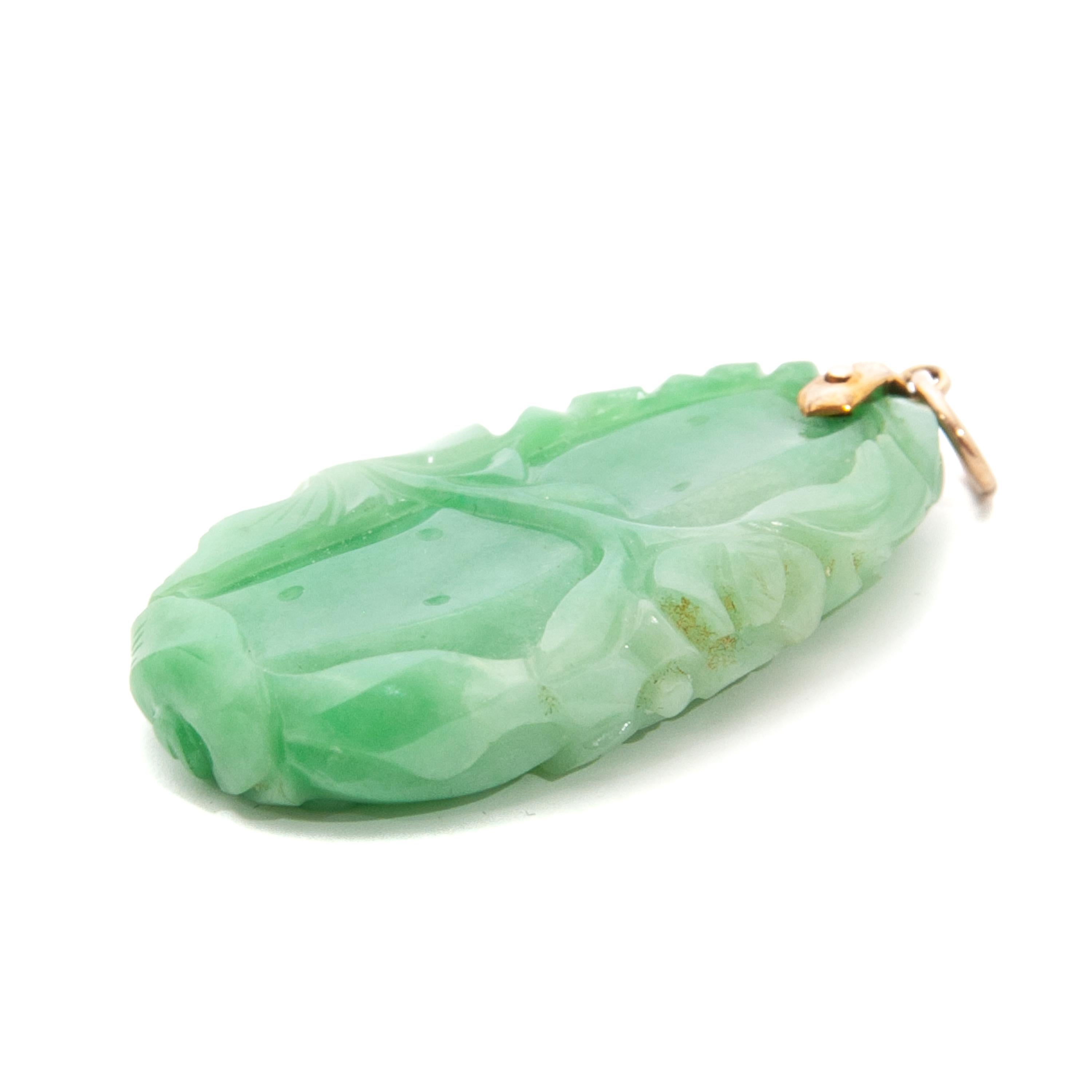 Fish and Floral Carved Green Jade Pendant 2