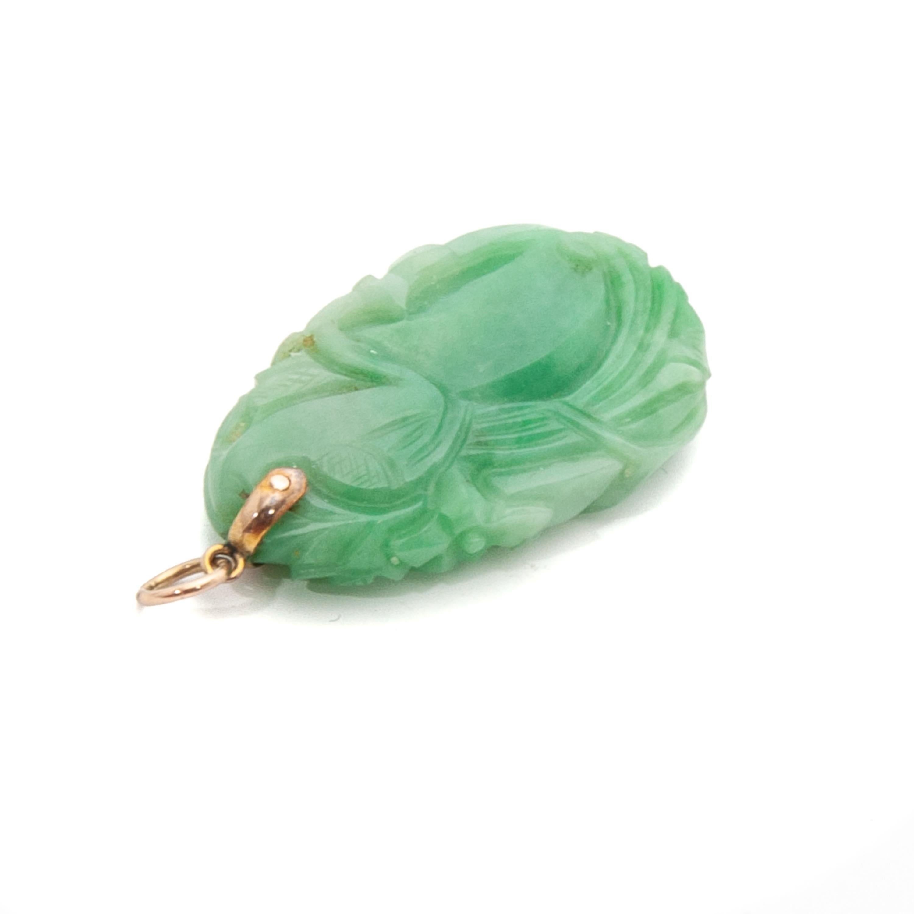 Fish and Floral Carved Green Jade Pendant 3
