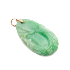 Fish and Floral Carved Green Jade Pendant