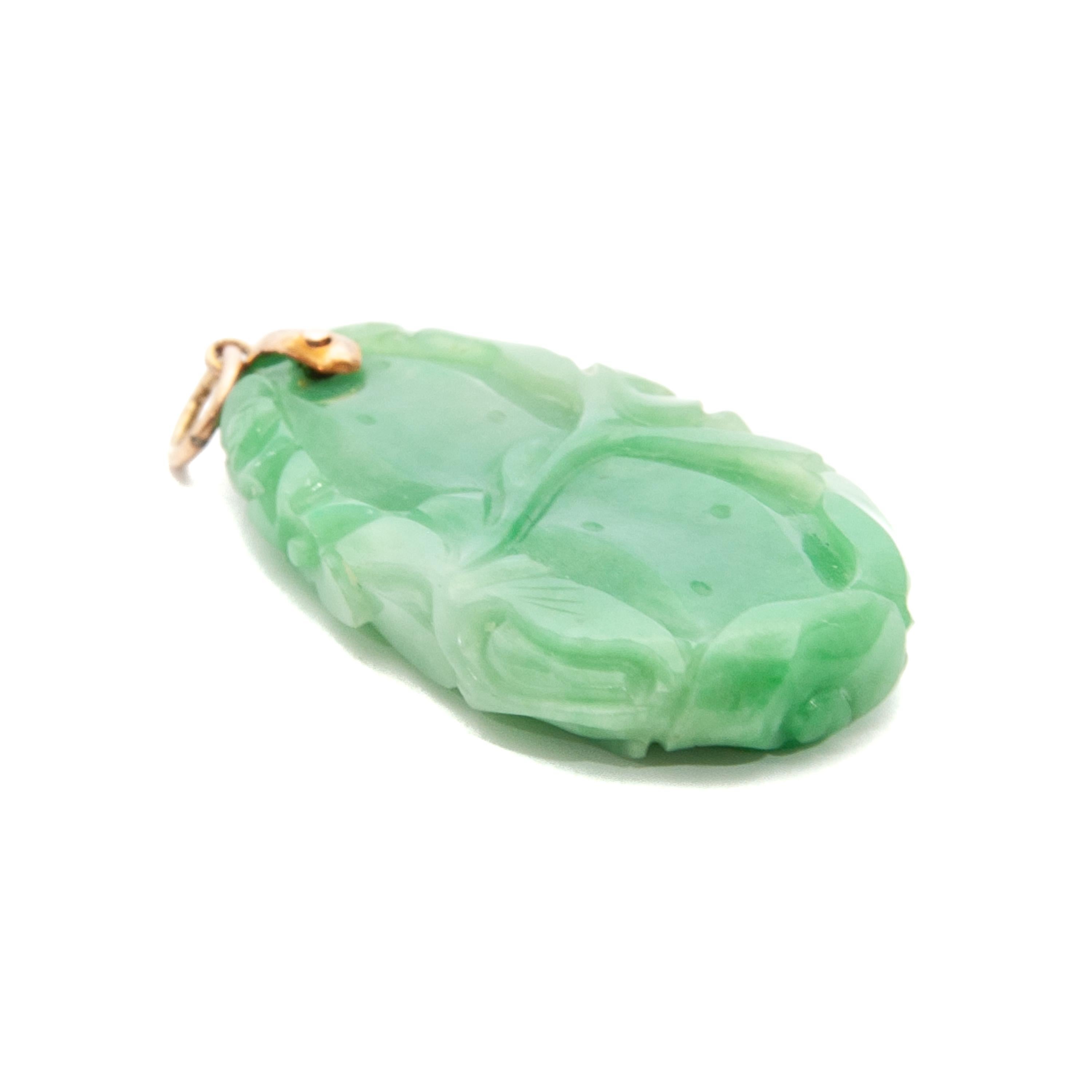 Women's or Men's Fish and Floral Carved Green Jade Pendant