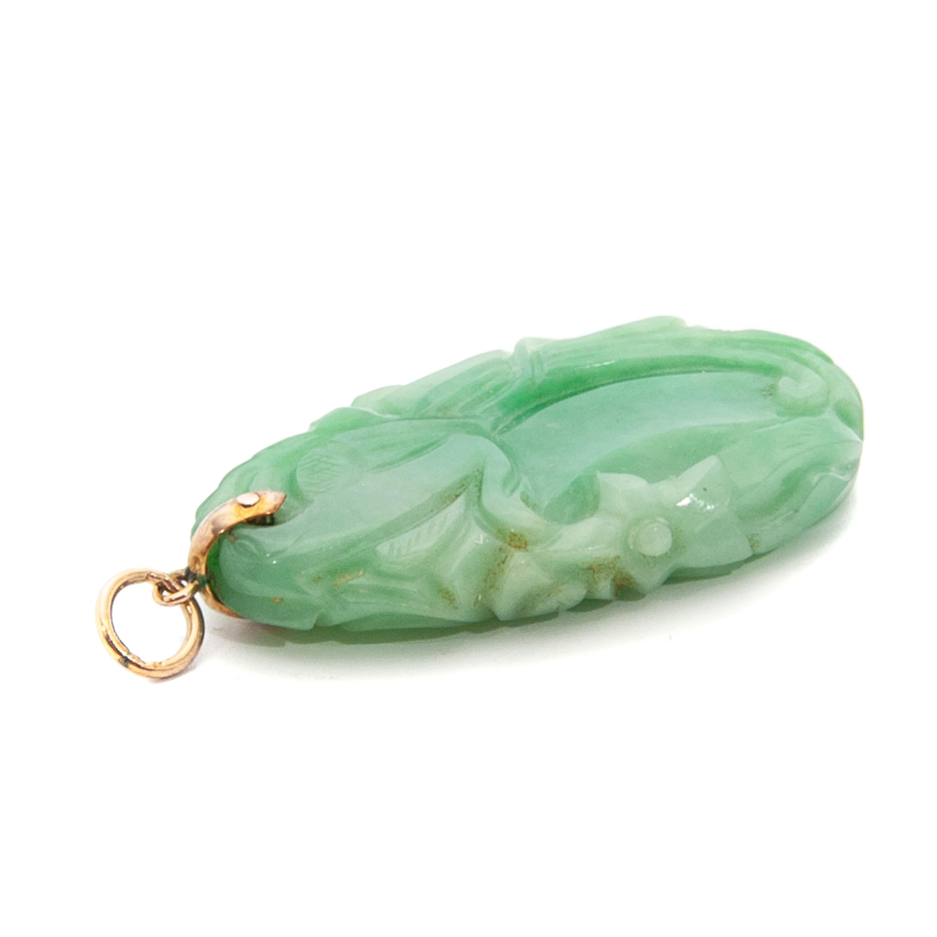 Fish and Floral Carved Green Jade Pendant 1