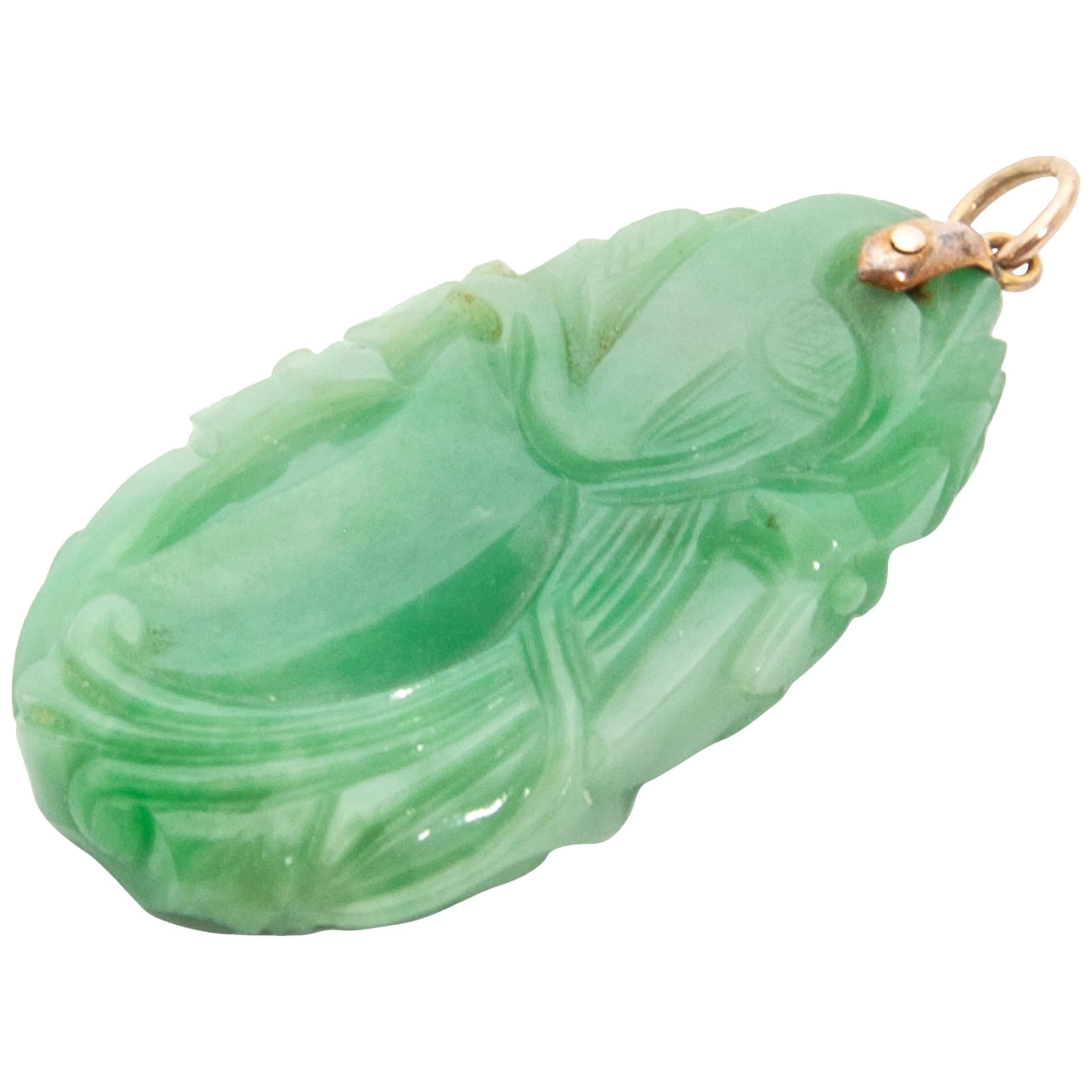 Fish and Floral Carved Green Jade Pendant