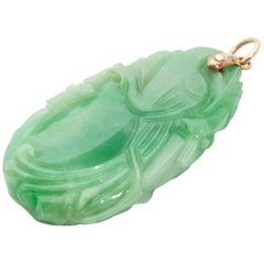 Fish and Floral Carved Green Jade Pendant