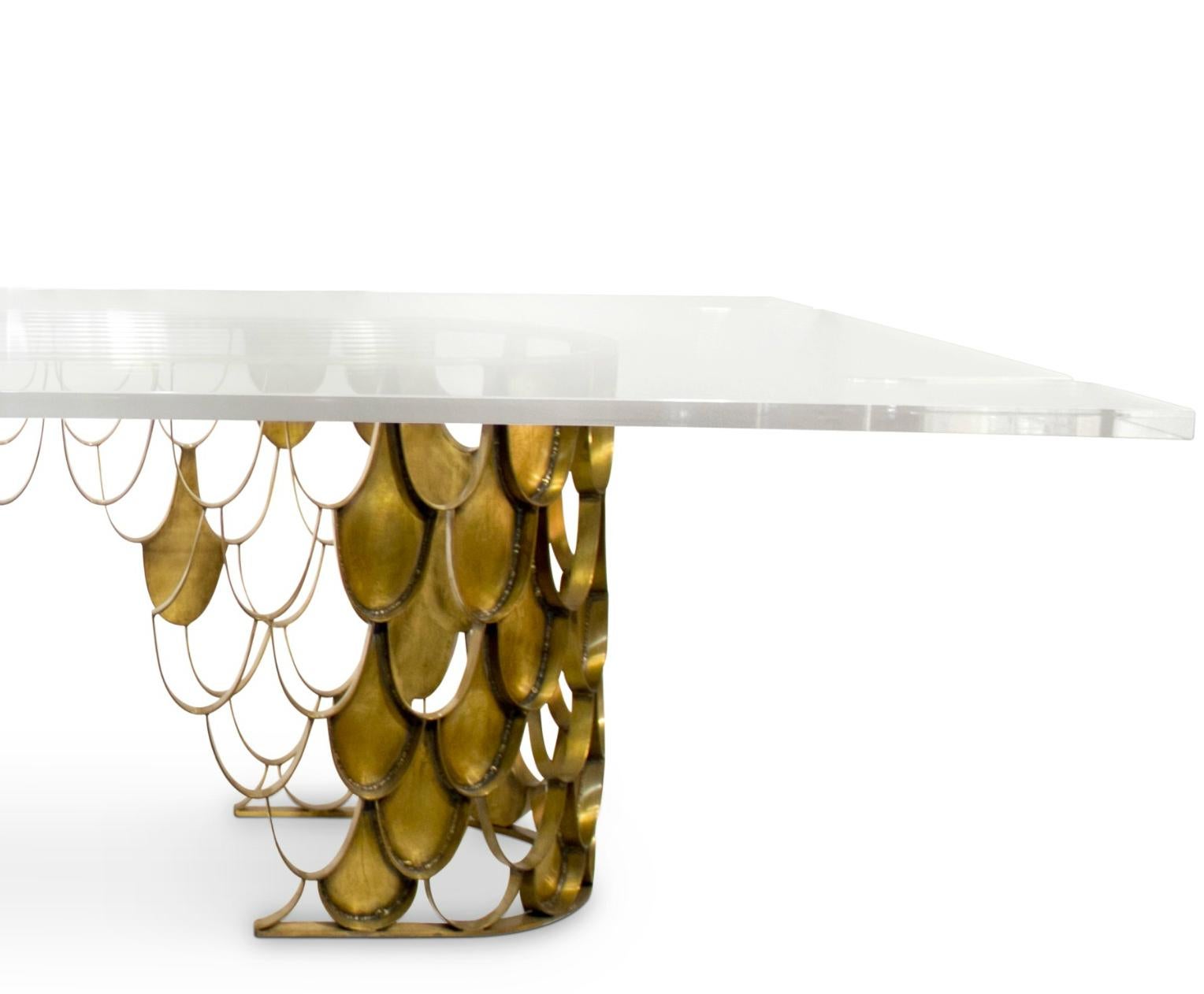 Art Deco Koi II Dining Table in Brass with Rectangular Acrylic Top by Brabbu For Sale
