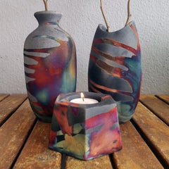 Koi, Koban, Keihatsu Raku Pottery Vase - Carbon Copper - Handmade Ceramic Decor