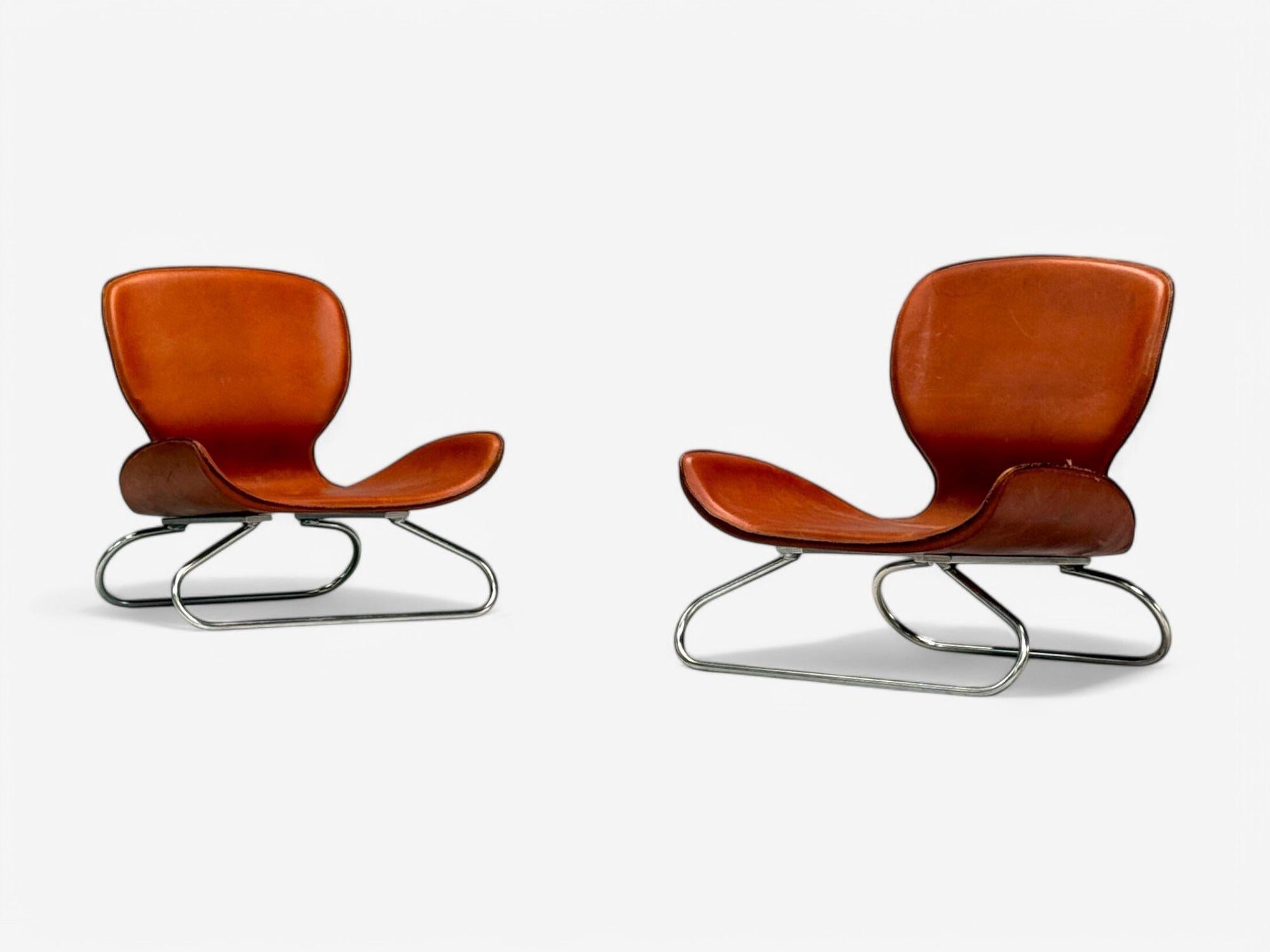 KOI, Modern, Cognac Leather, Nickel, K-3 Low Lounge Chairs, England, 2000s

Unusual pair of 