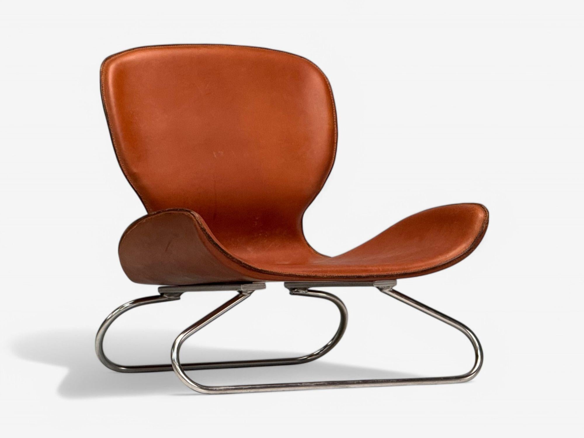 English KOI, Modern, Cognac Leather, Nickel, K-3 Low Lounge Chairs, England, 2000s For Sale