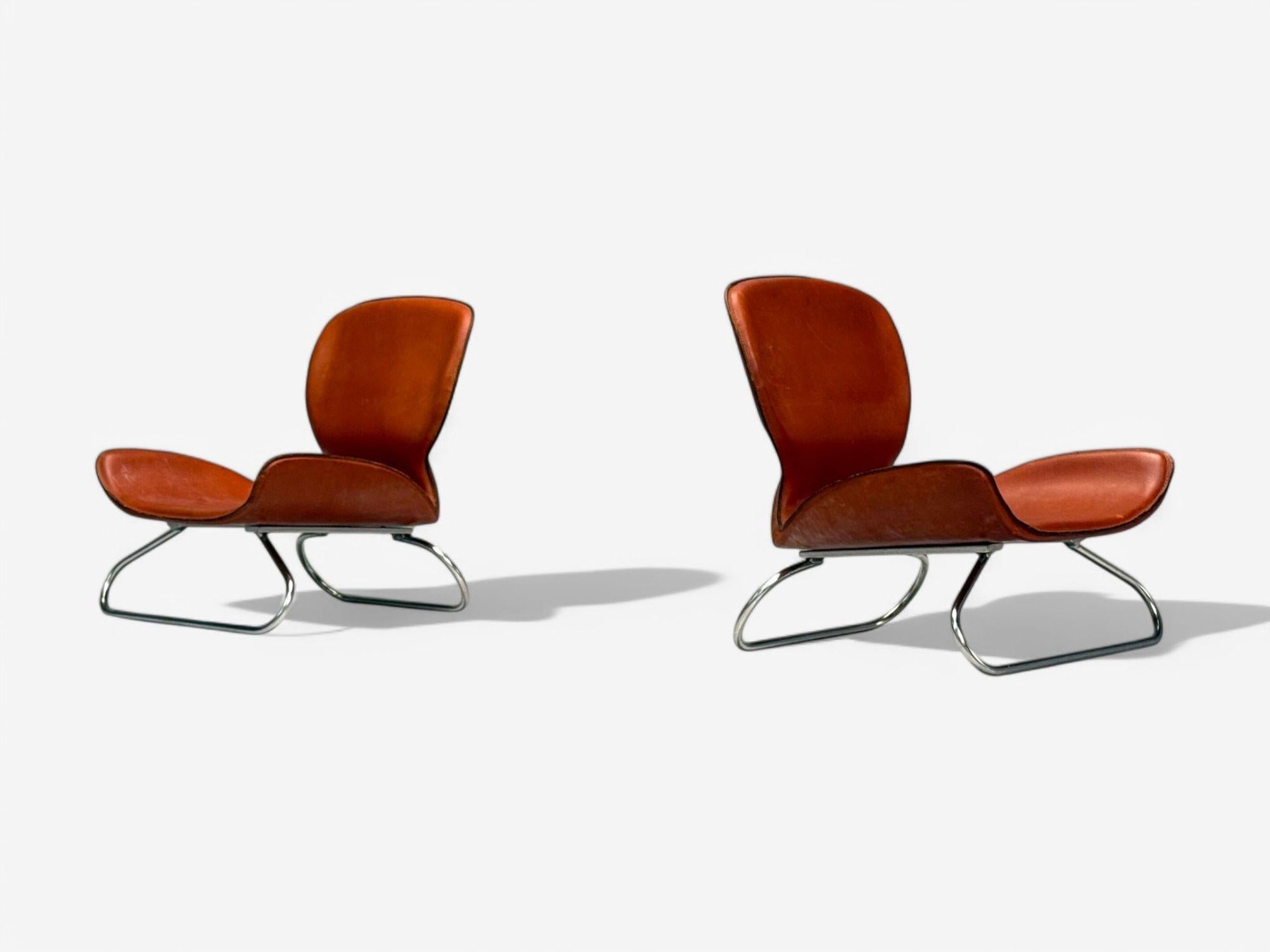 KOI, Modern, Cognac Leather, Nickel, K-3 Low Lounge Chairs, England, 2000s In Good Condition For Sale In Manhasset, NY