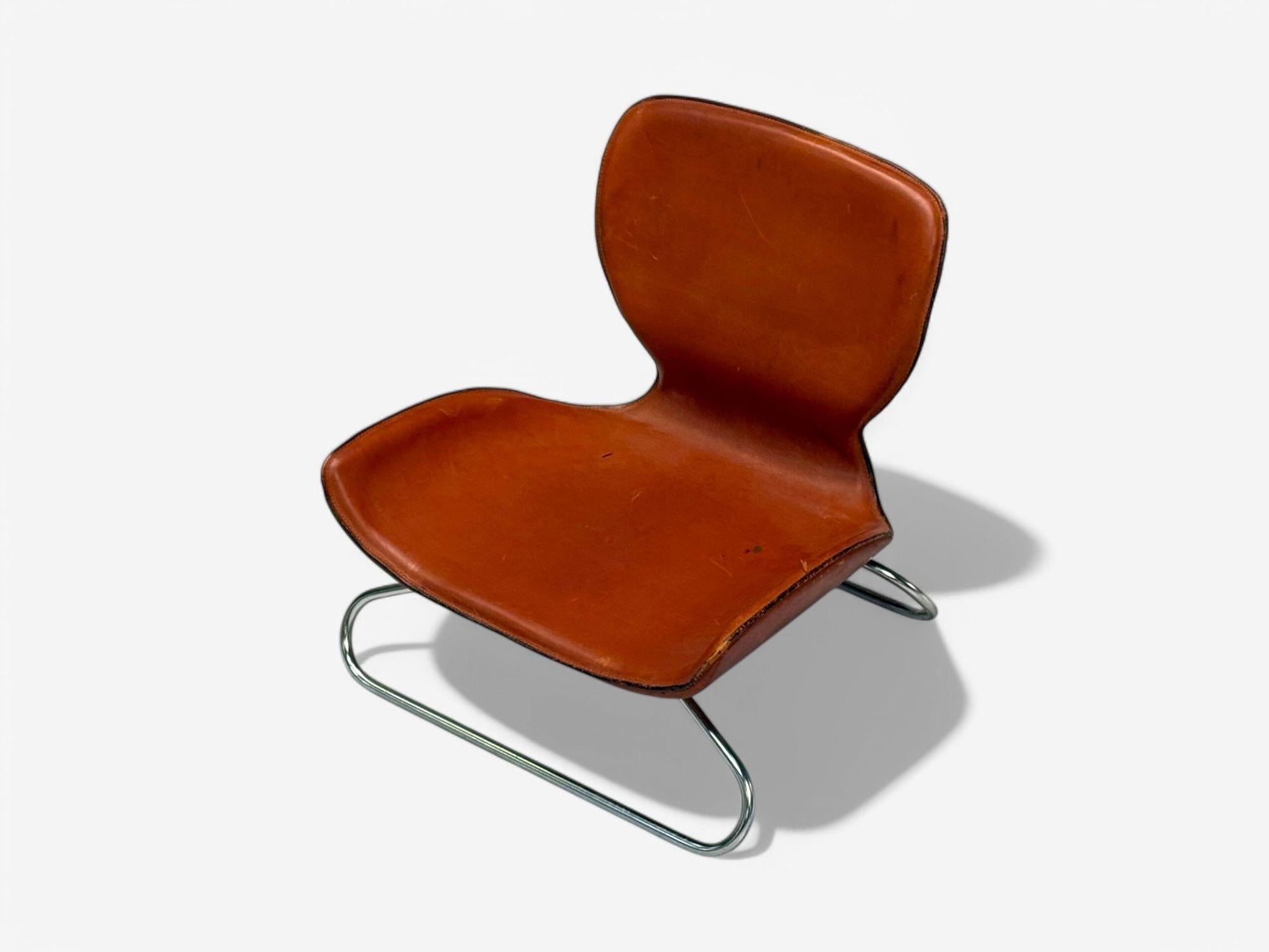 Contemporary KOI, Modern, Cognac Leather, Nickel, K-3 Low Lounge Chairs, England, 2000s For Sale