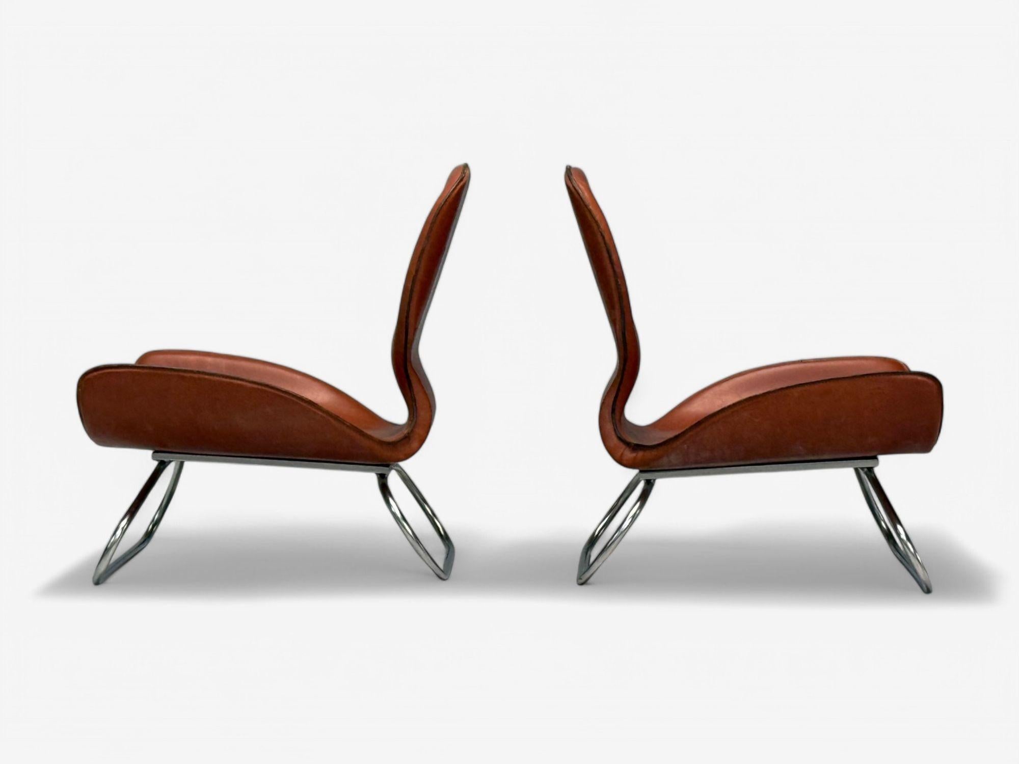 KOI, Modern, Cognac Leather, Nickel, K-3 Low Lounge Chairs, England, 2000s For Sale 1