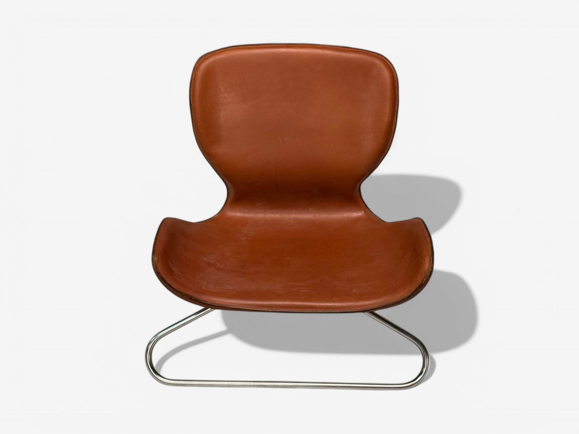 KOI, Modern, Cognac Leather, Nickel, K-3 Low Lounge Chairs, England, 2000s For Sale 2
