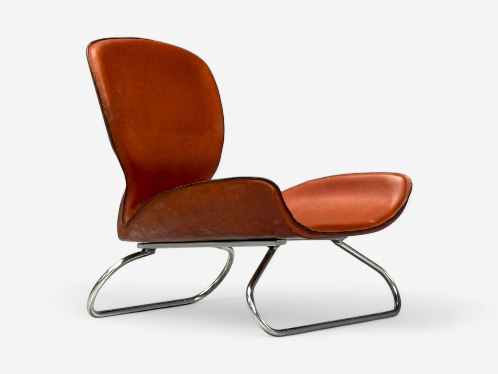 KOI, Modern, Cognac Leather, Nickel, K-3 Low Lounge Chairs, England, 2000s For Sale 3