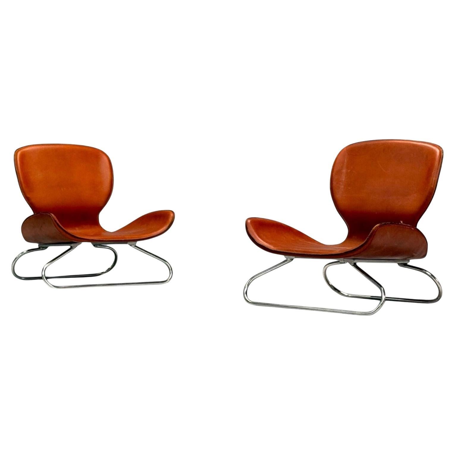 KOI, Modern, Cognac Leather, Nickel, K-3 Low Lounge Chairs, England, 2000s