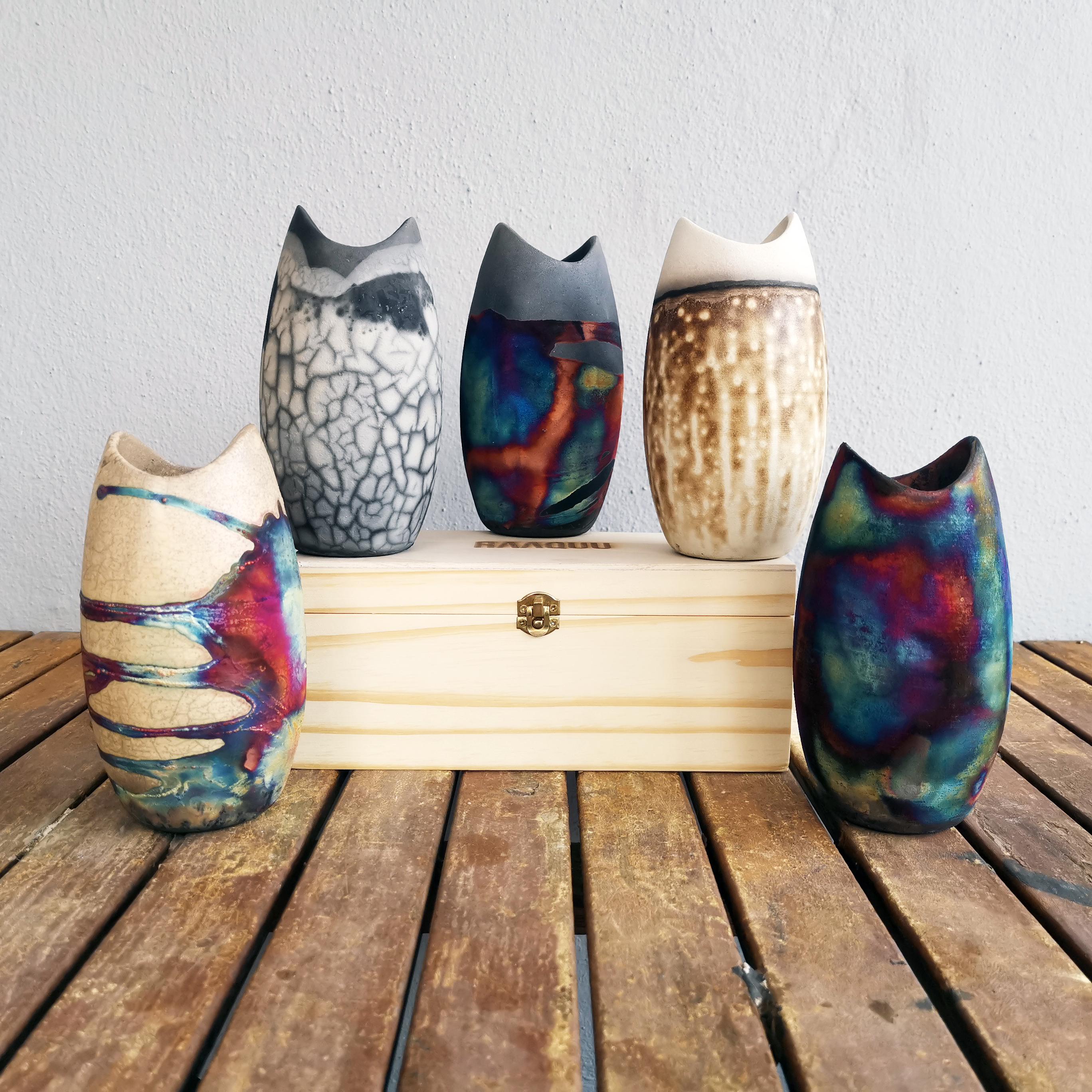 Modern Koi Raku Pottery Vase with Gift Box - Carbon Copper - Handmade Ceramic For Sale
