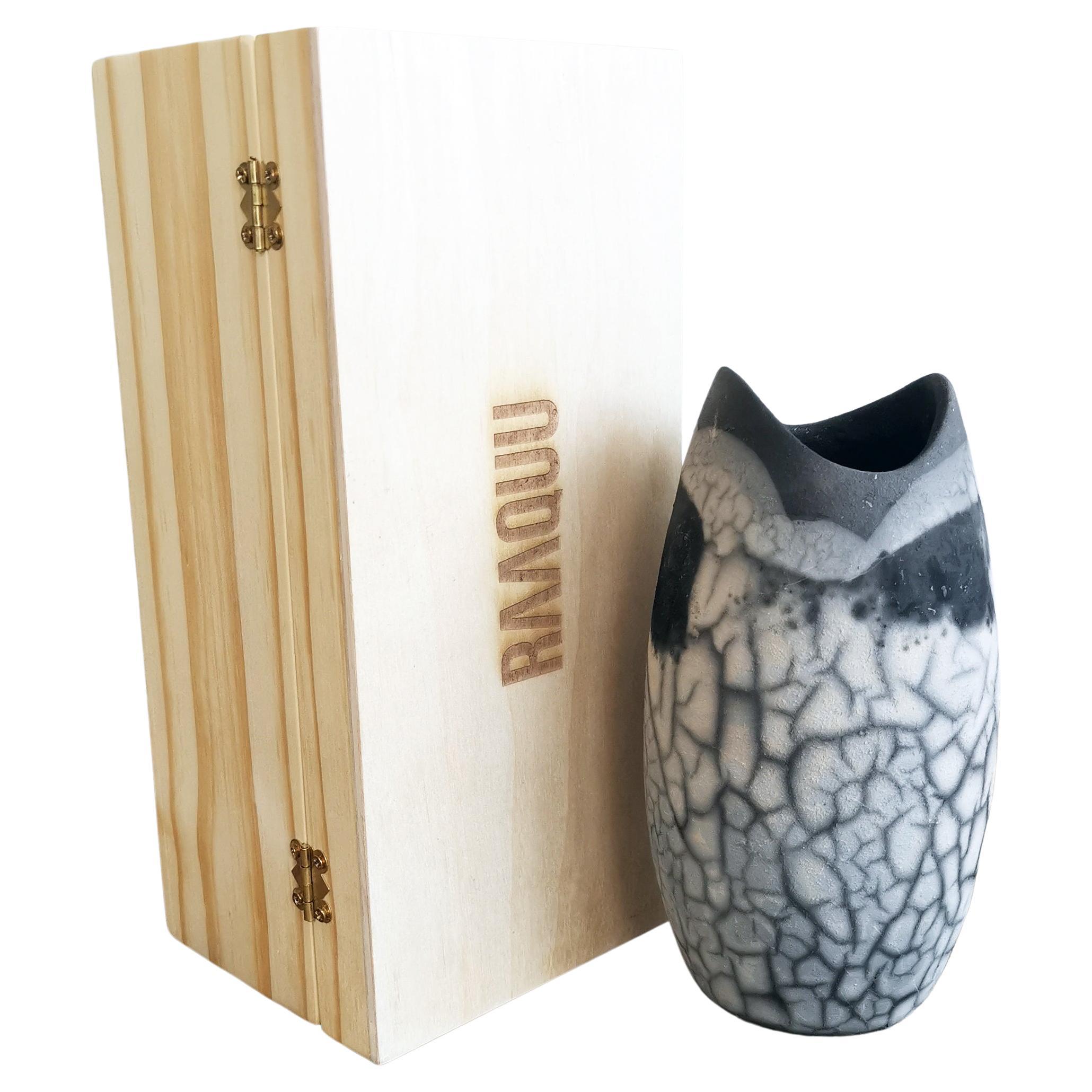 Koi Raku Pottery Vase with Gift Box - Smoked Raku - Handmade Ceramic For Sale