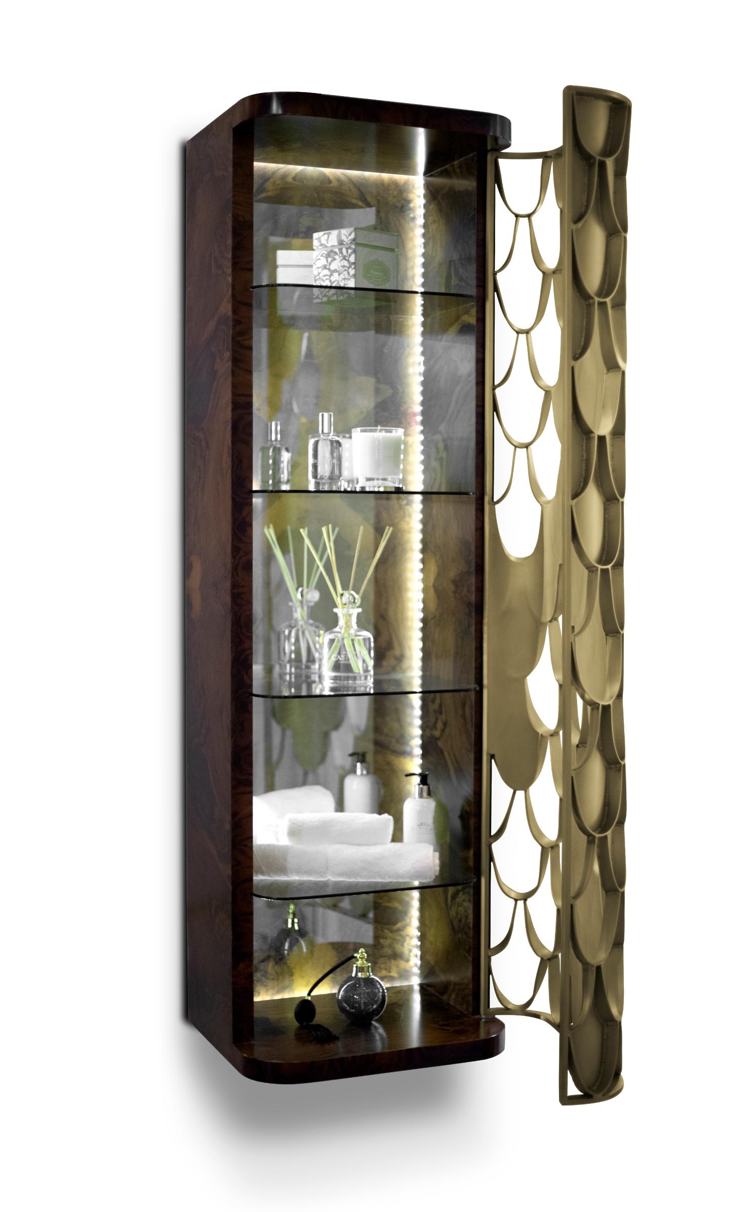 Modern Koi Tall Storage with Walnut Root and Aged Brass Door For Sale