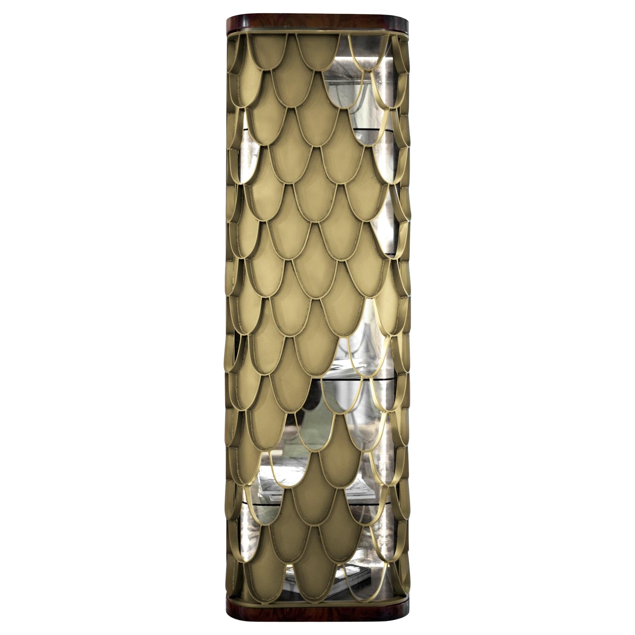 Koi Tall Storage with Walnut Root and Aged Brass Door For Sale