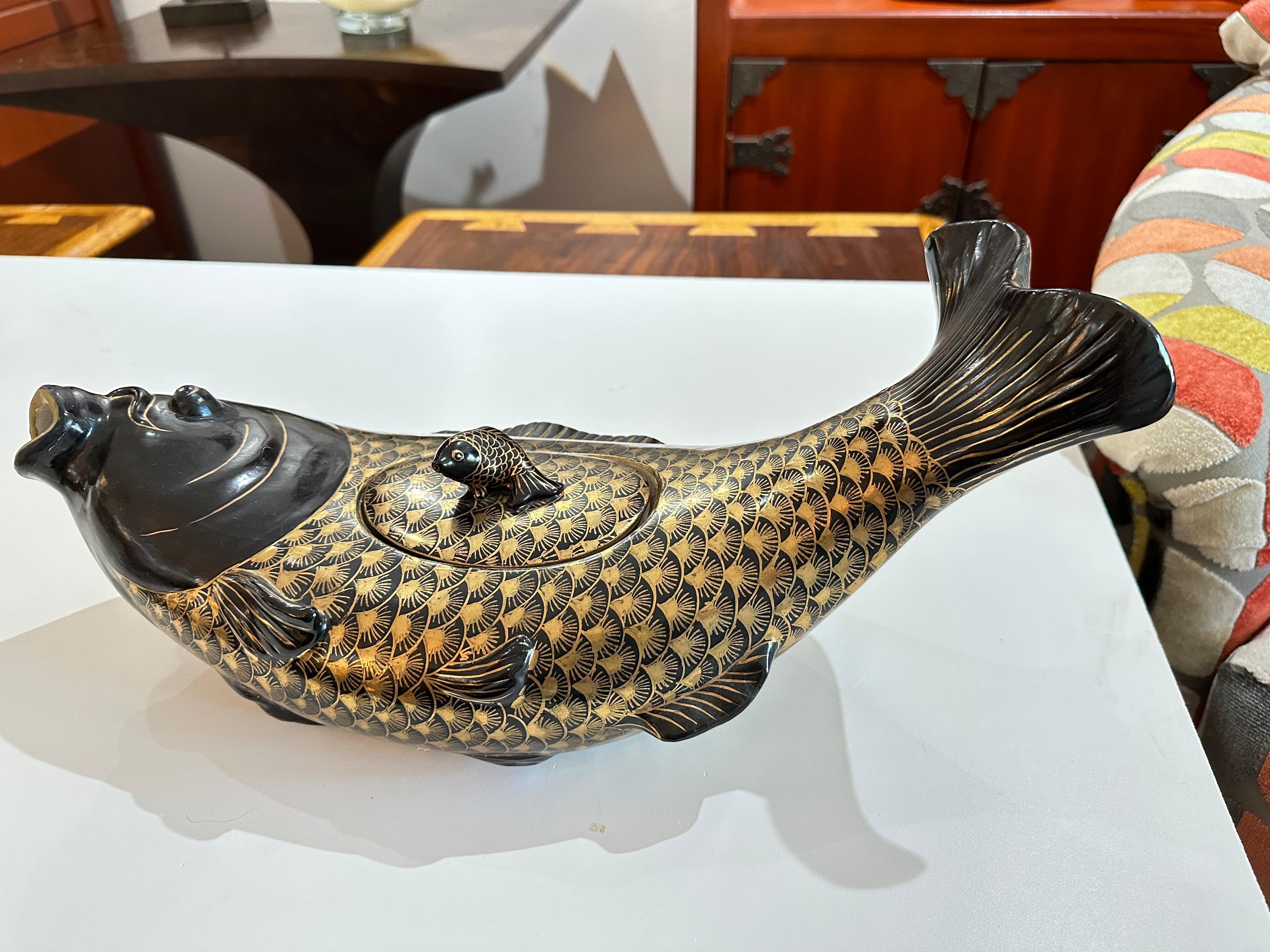 Fired Koi Tea Pot Black and Gold Painted For Sale