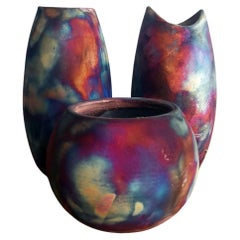 Vase en poterie zen Raku Koi, Tsuri, entièrement mat en cuivre, décor en céramique faite à la main