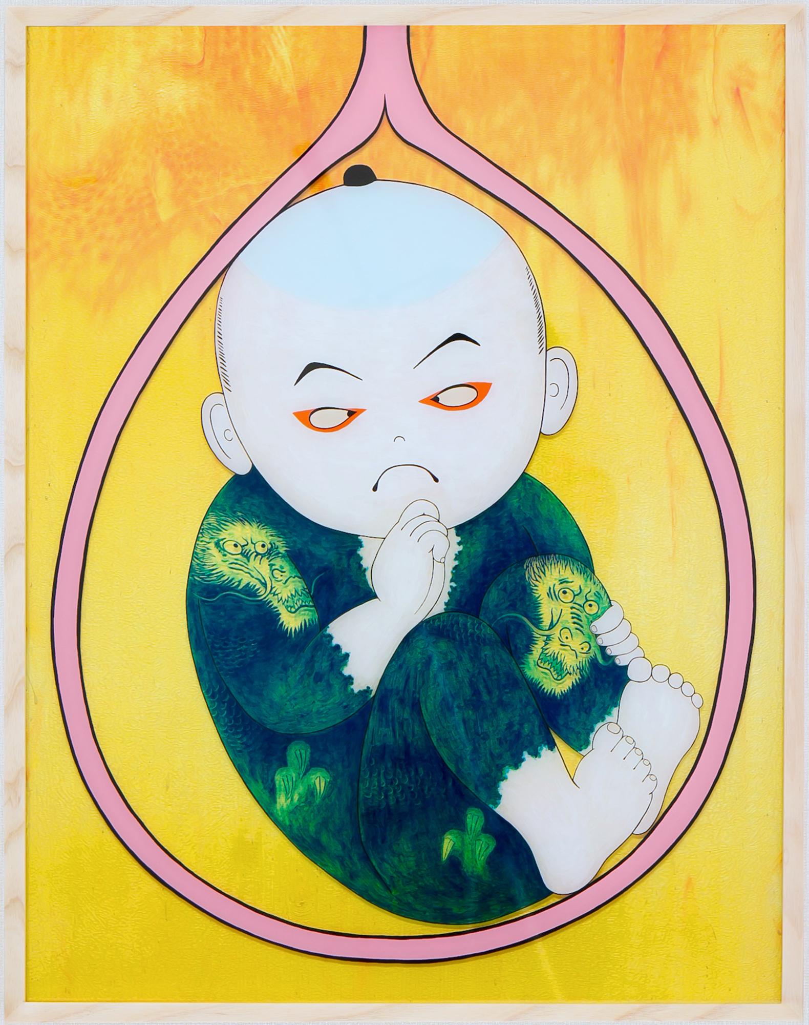 Koichi Matsufuji Figurative Sculpture - 'Kabuki' Sheet Color Glass and Acrylic Painting
