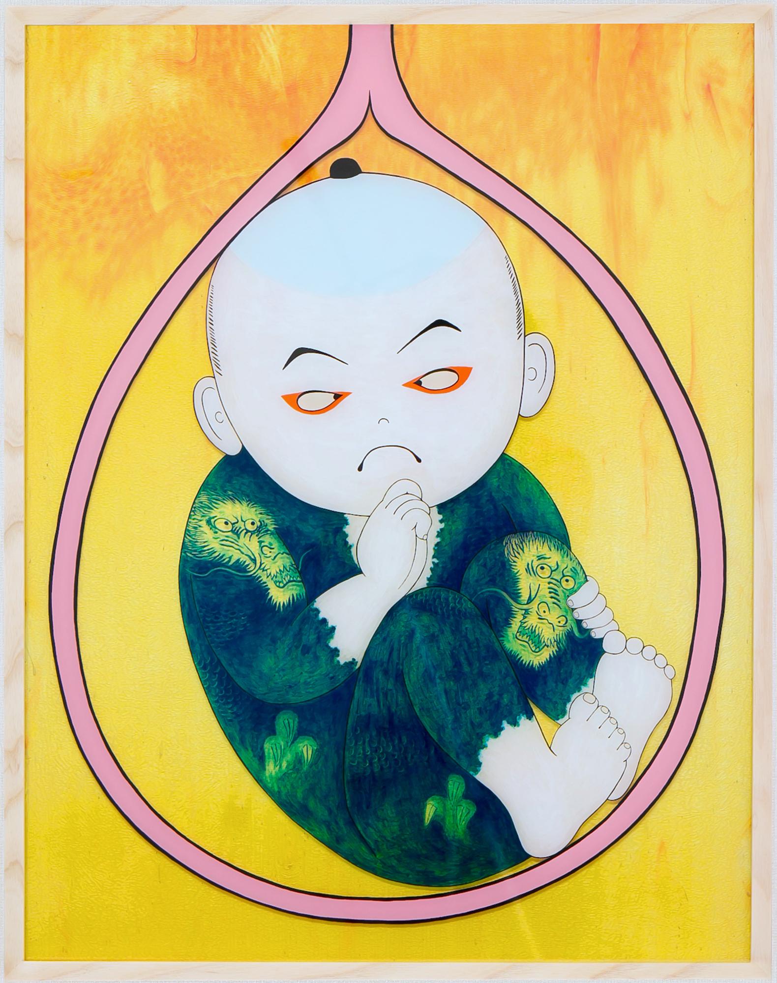Figurative Sculpture Koichi Matsufuji - Verre couleur feuille et peinture acrylique « Kabuki »