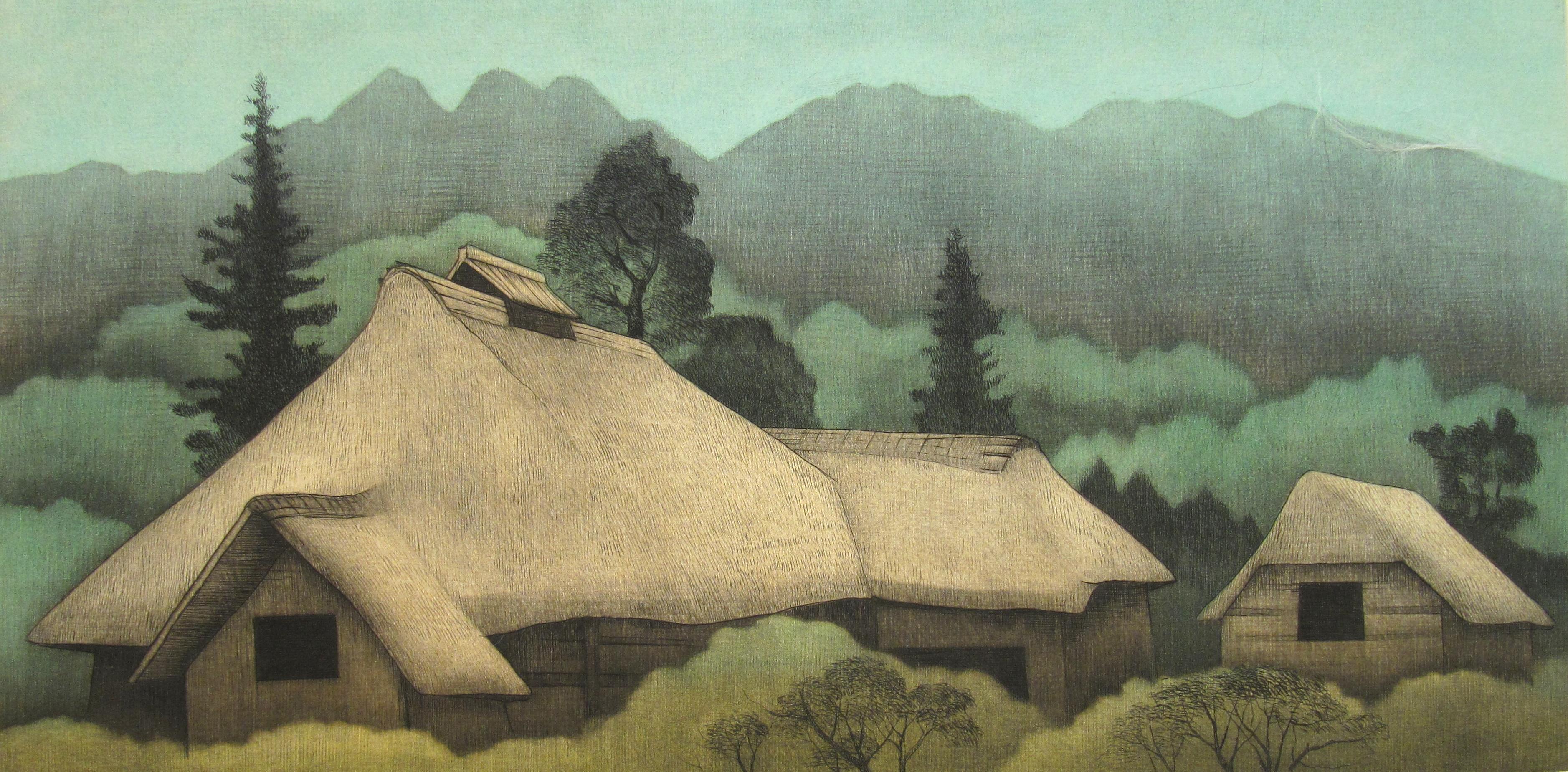 Koichi Sakamoto ( 1932) Getreide-Häuser – Mezzotinto-Radierung, 11/80 – Japan