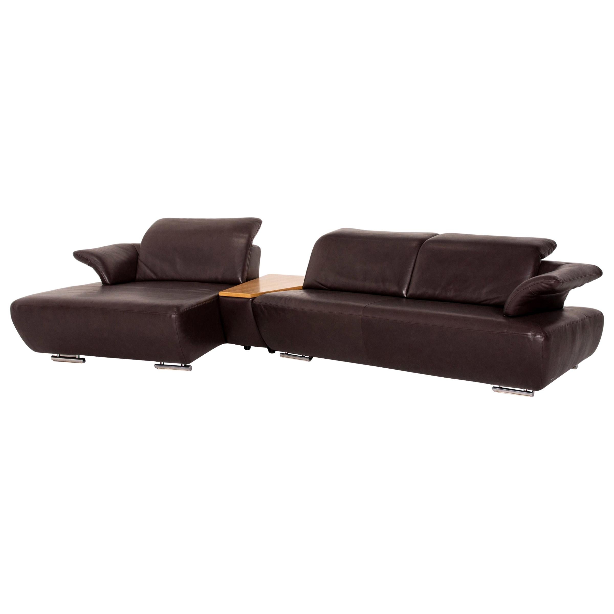 Koinor Avanti Leather Corner Sofa Brown Dark Brown Wood Function Sofa Couch For Sale