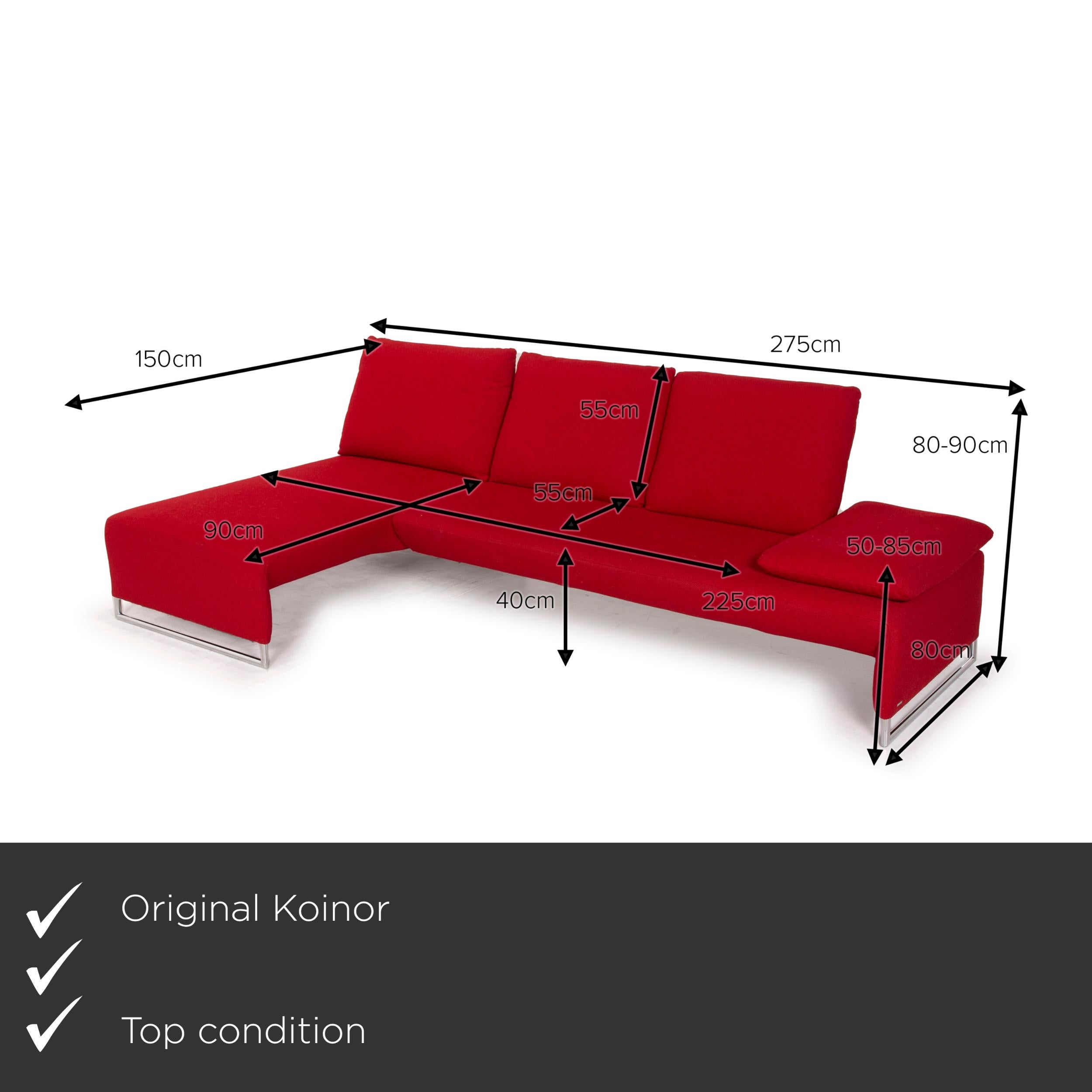 We present to you a Koinor designer fabric sofa red corner sofa couch.
  
 

 Product measurements in centimeters:
 

 Depth: 85
 Width: 275
Height: 80
 Seat height: 40
 Rest height: 50
 Seat depth: 118
 Seat width: 225
Back height: 55.