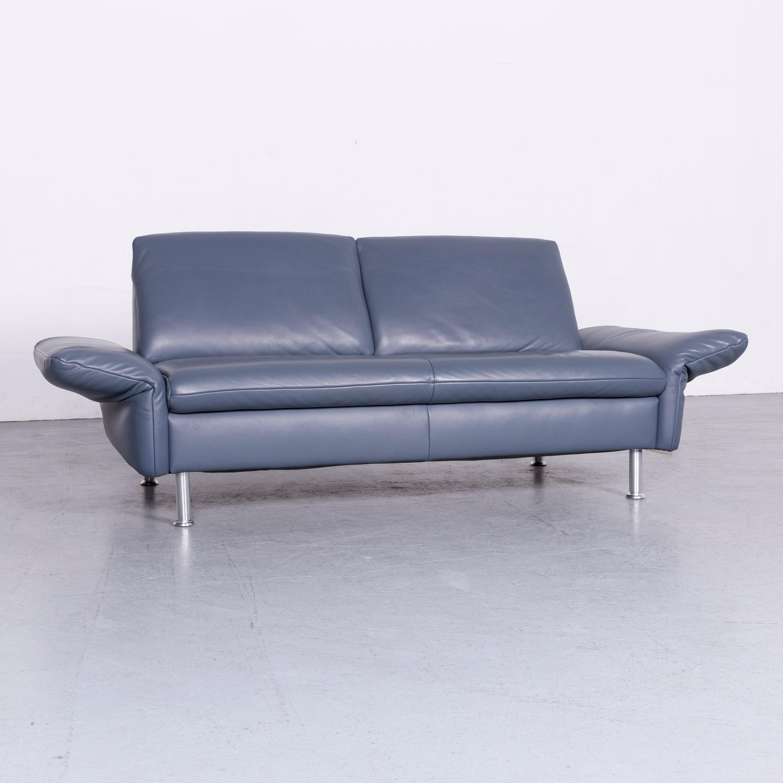German Koinor Designer Two-Seat Sofa Armchair Footstool Set Blue Leather