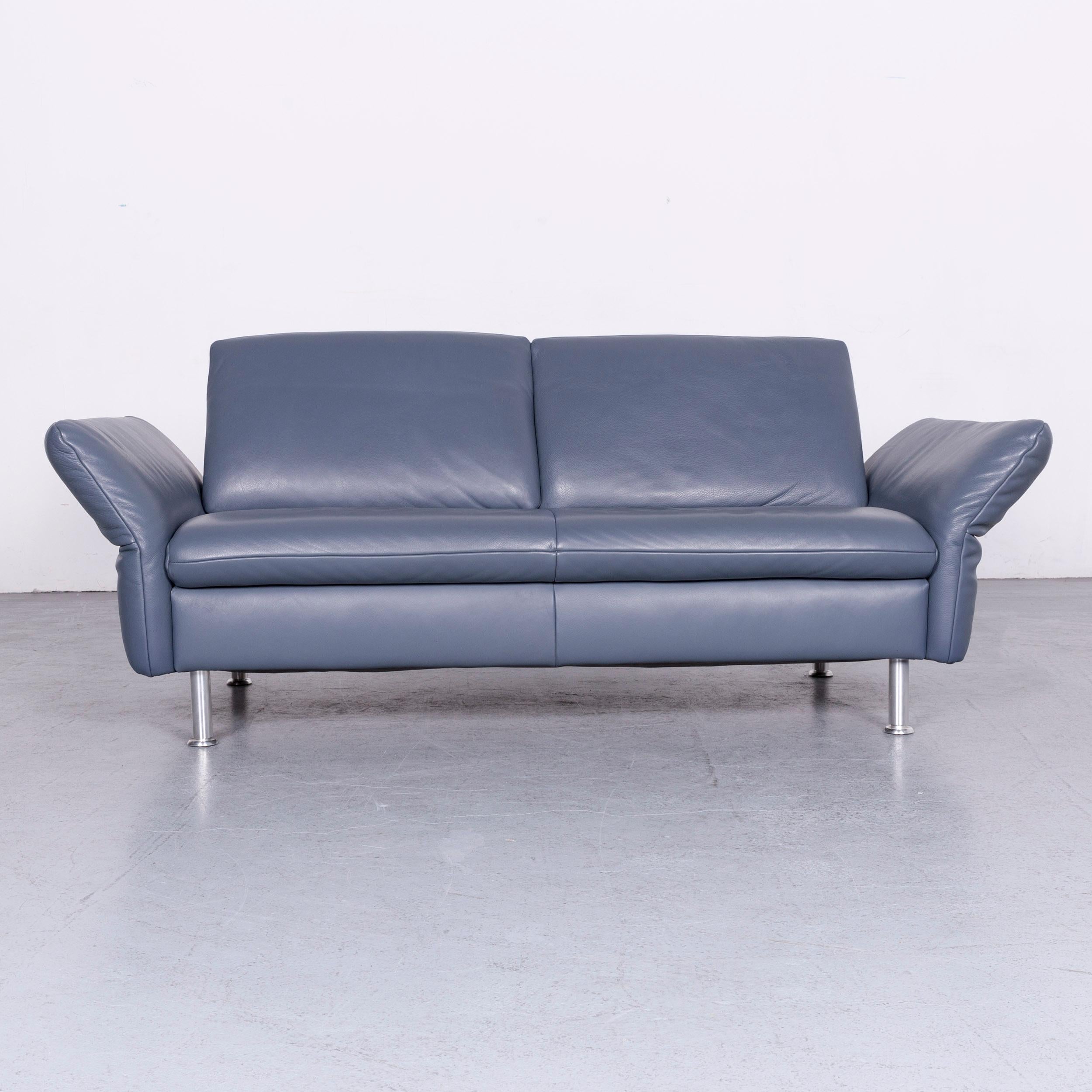 Koinor Designer Two-Seat Sofa Armchair Footstool Set Blue Leather In Good Condition In Cologne, DE